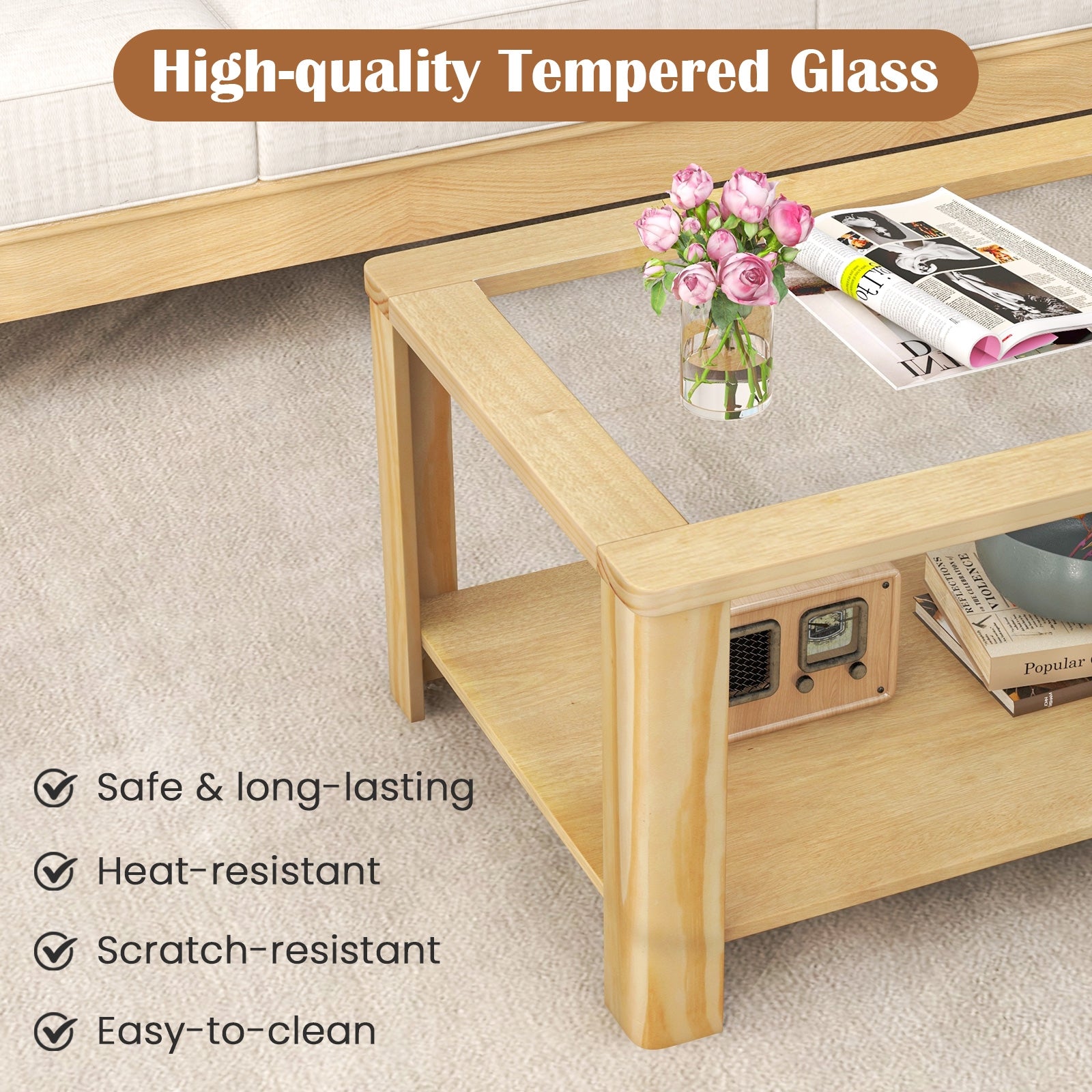 2-Tier Coffee Table Rectangular Center Table with Tempered Glass Tabletop and Storage Shelf, Natural Coffee Tables   at Gallery Canada