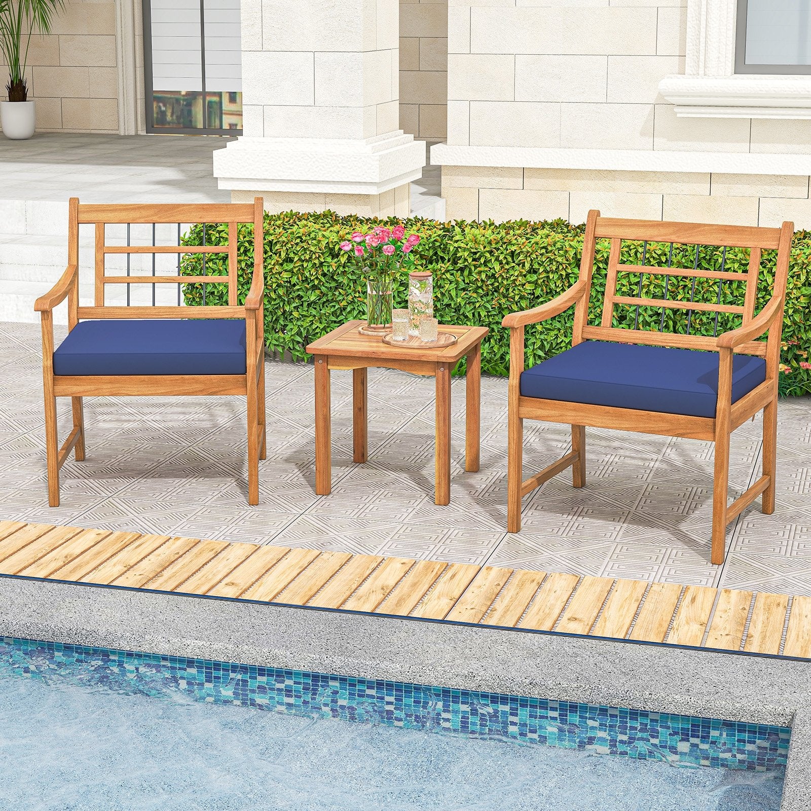 3 Piece Wood Patio Furniture Set with Seat Cushions and Acacia Wood Frame, Navy Patio Conversation Sets   at Gallery Canada