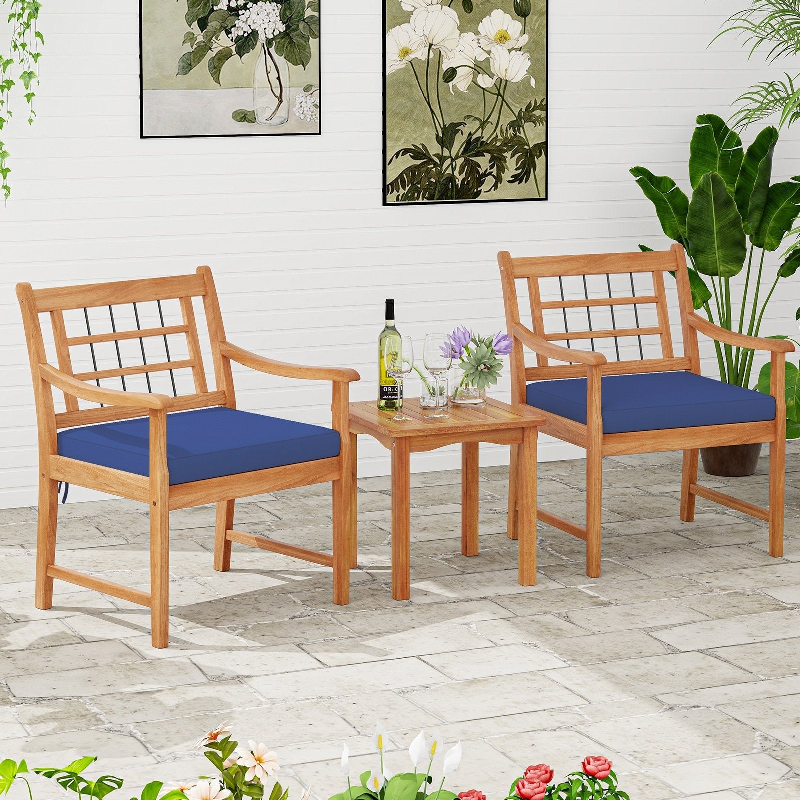 3 Piece Wood Patio Furniture Set with Seat Cushions and Acacia Wood Frame, Navy Patio Conversation Sets   at Gallery Canada