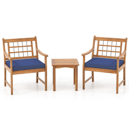 3 Piece Wood Patio Furniture Set with Seat Cushions and Acacia Wood Frame, Navy