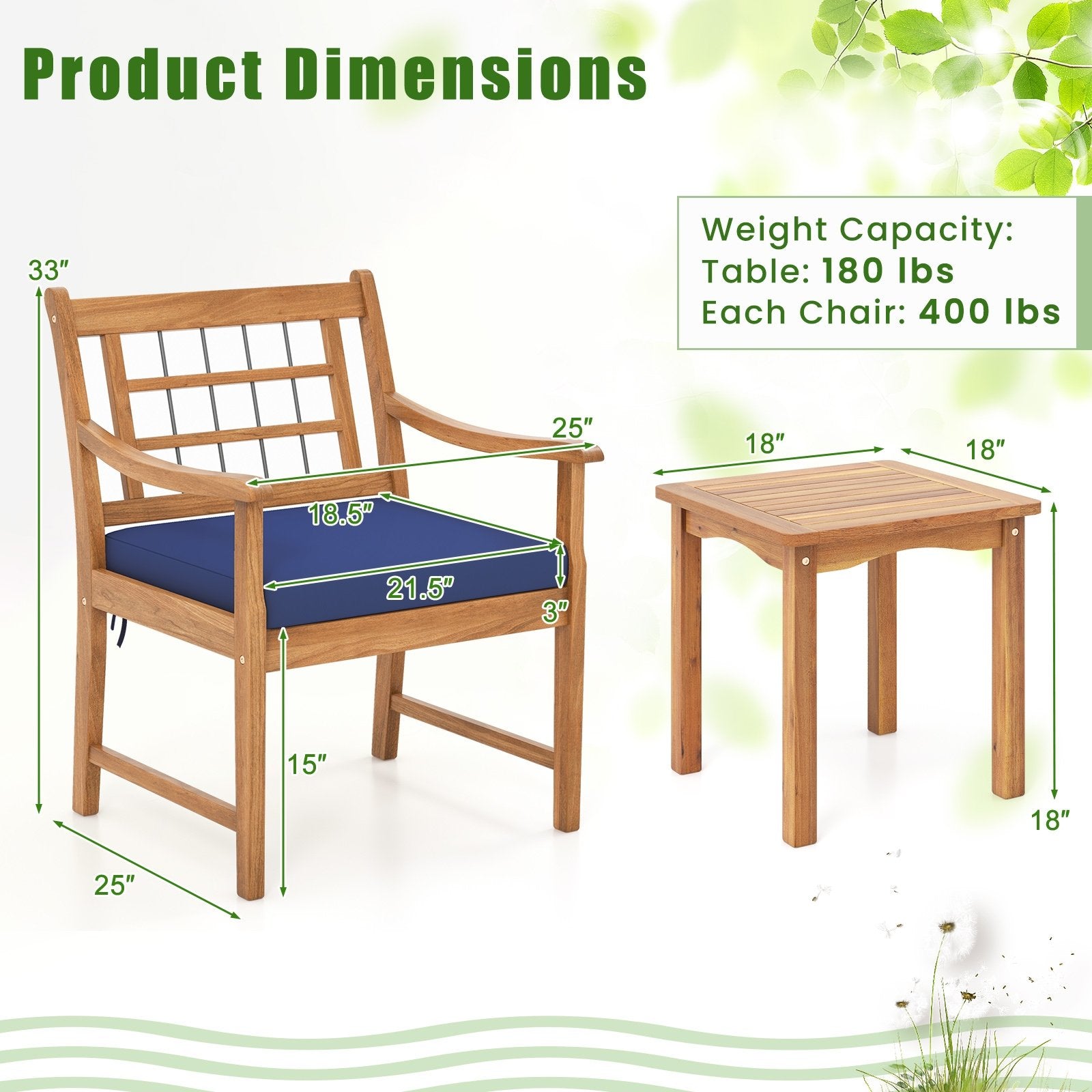 3 Piece Wood Patio Furniture Set with Seat Cushions and Acacia Wood Frame, Navy Patio Conversation Sets   at Gallery Canada