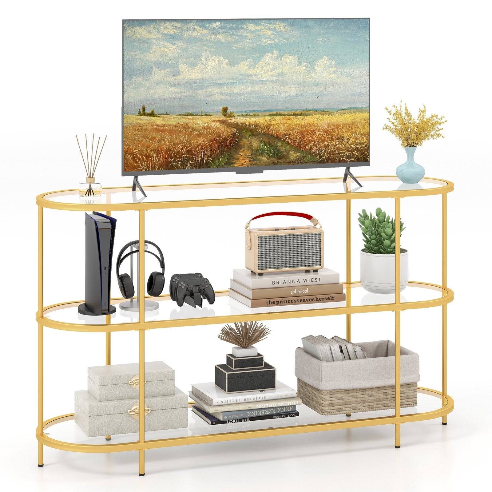 3 Tier TV Stand Console Table with Tempered Glass Shelves for Living Room, Golden Entertainment Centers & TV Stands   at Gallery Canada