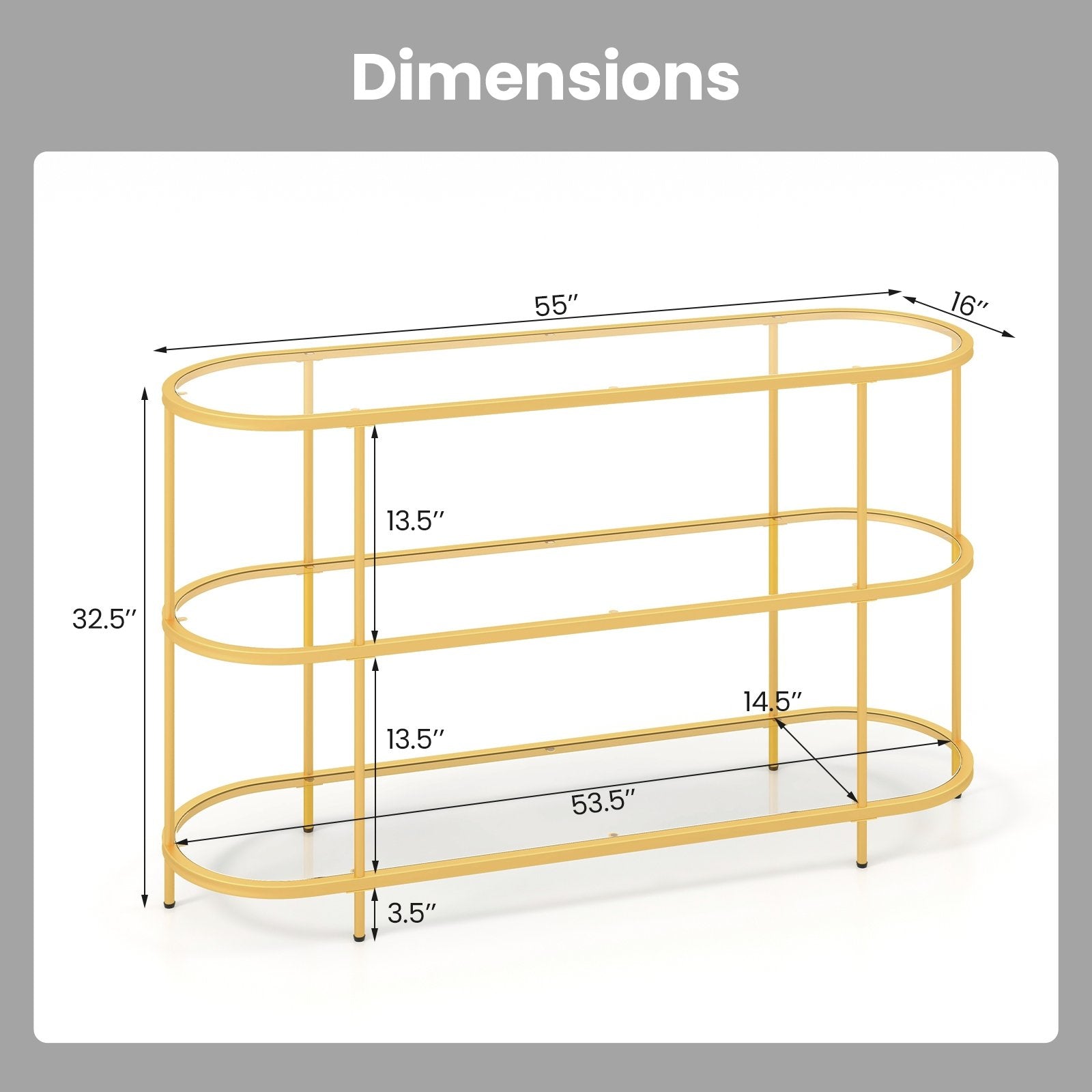 3 Tier TV Stand Console Table with Tempered Glass Shelves for Living Room, Golden Entertainment Centers & TV Stands   at Gallery Canada