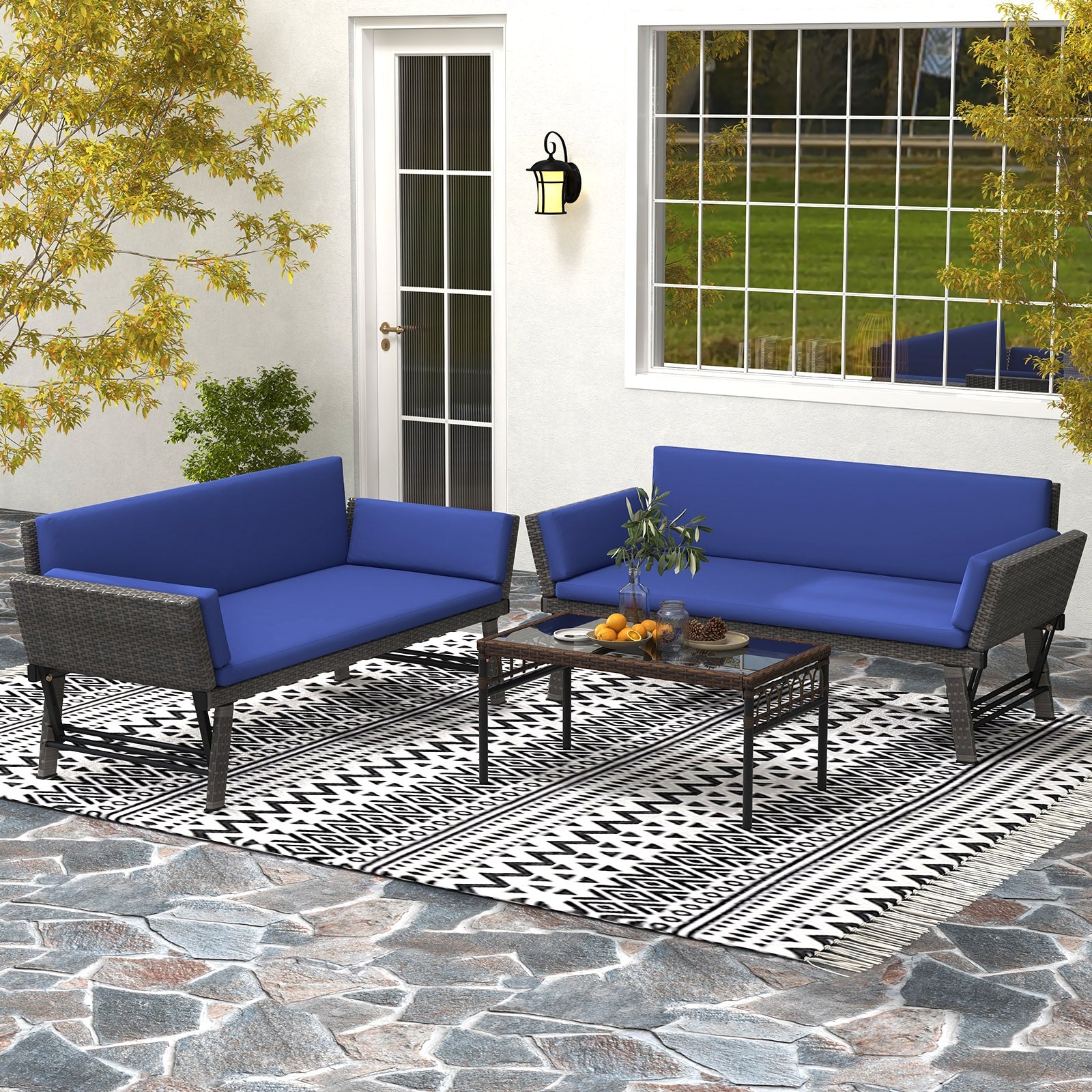 Outdoor Convertible Sofa Daybed with Adjustable Armrests for Balcony, Navy Patio Conversation Sets   at Gallery Canada