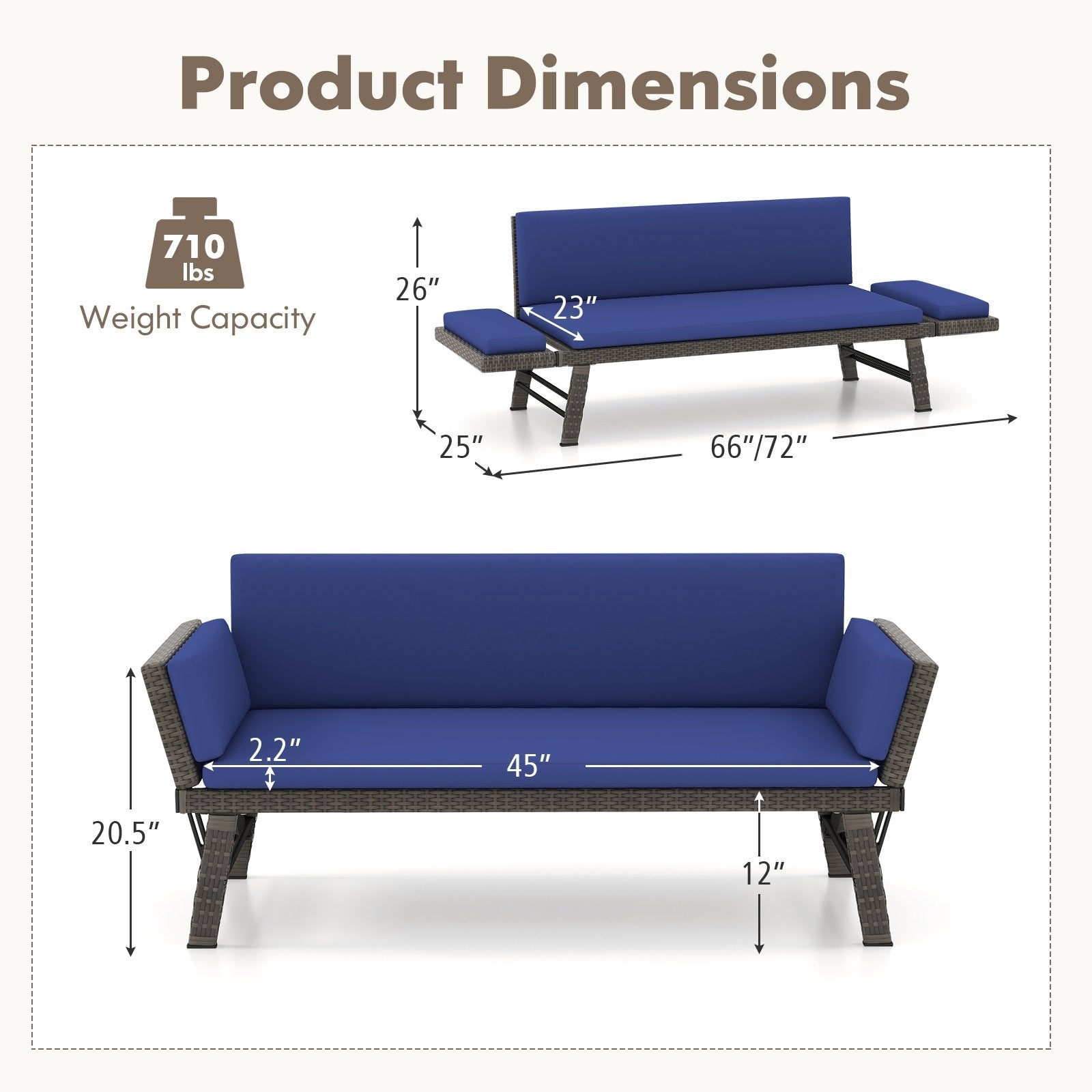 Outdoor Convertible Sofa Daybed with Adjustable Armrests for Balcony, Navy Patio Conversation Sets   at Gallery Canada