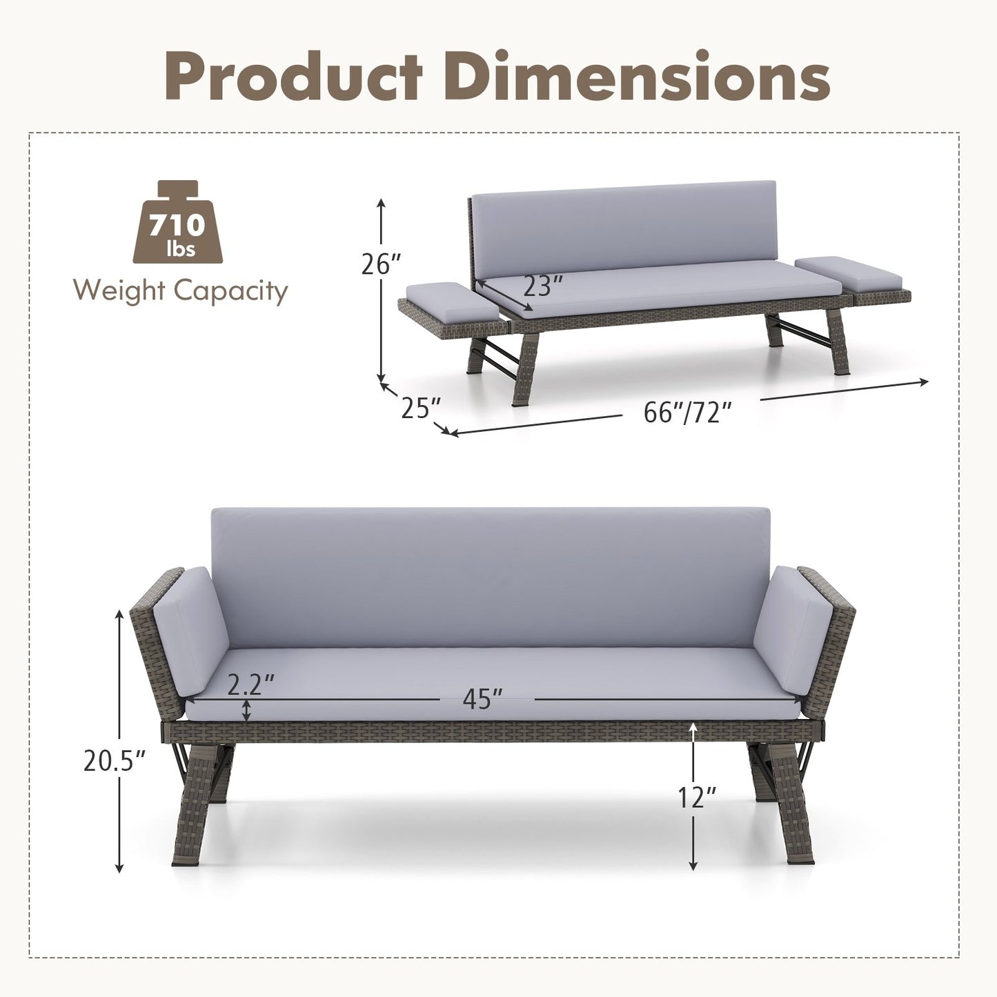 Outdoor Convertible Sofa Daybed with Adjustable Armrests for Balcony, Gray Patio Conversation Sets   at Gallery Canada