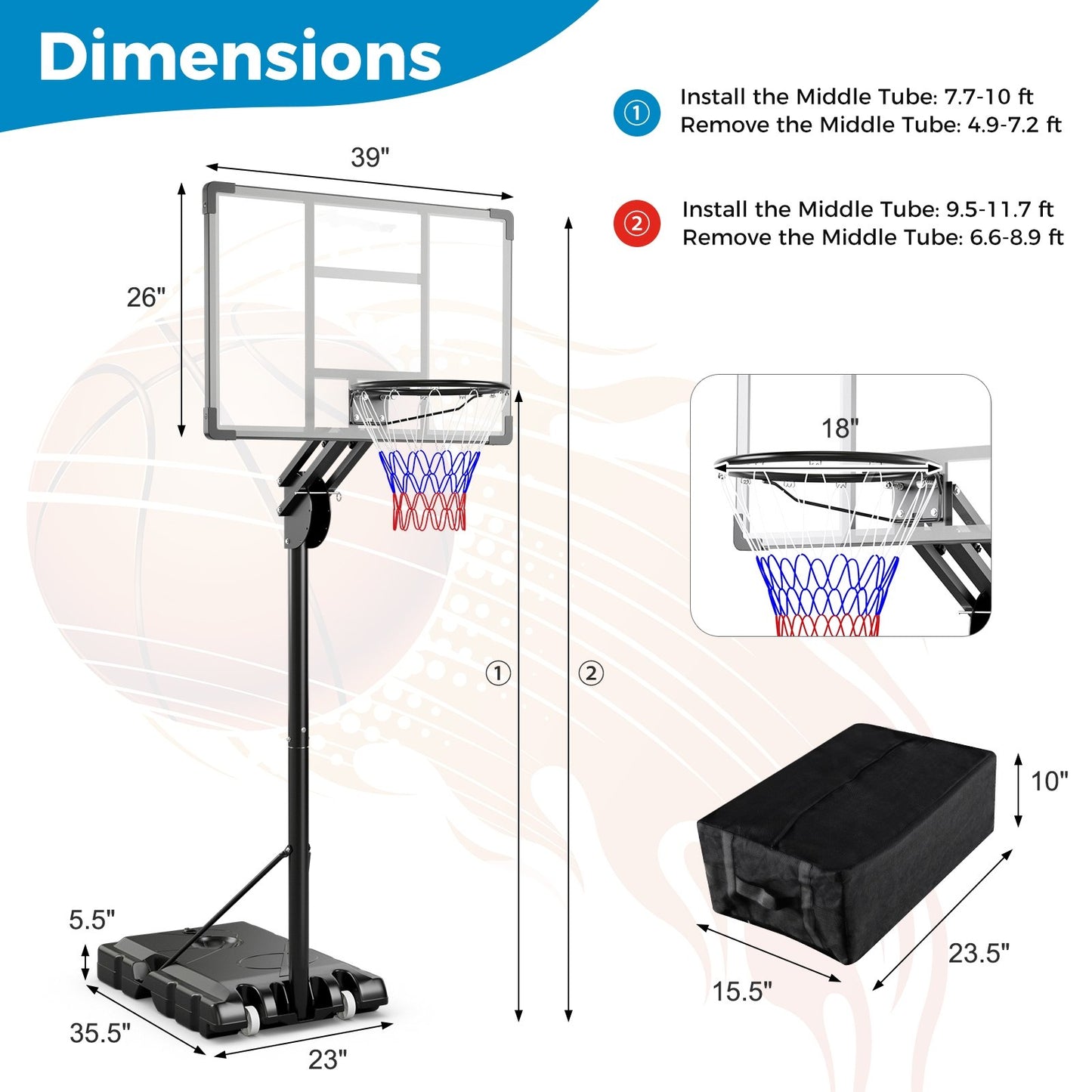 4.9-10 Feet Adjustable Basketball Hoop with Shatterproof Backboard Sport Equipments   at Gallery Canada