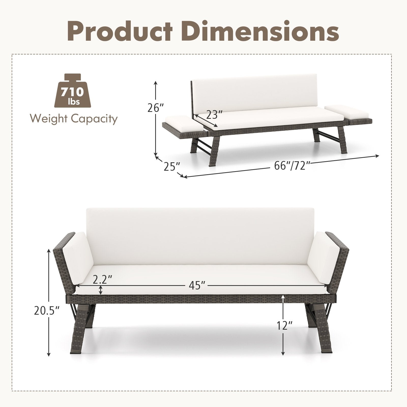 Outdoor Convertible Sofa Daybed with Adjustable Armrests for Balcony, Off White Patio Conversation Sets   at Gallery Canada