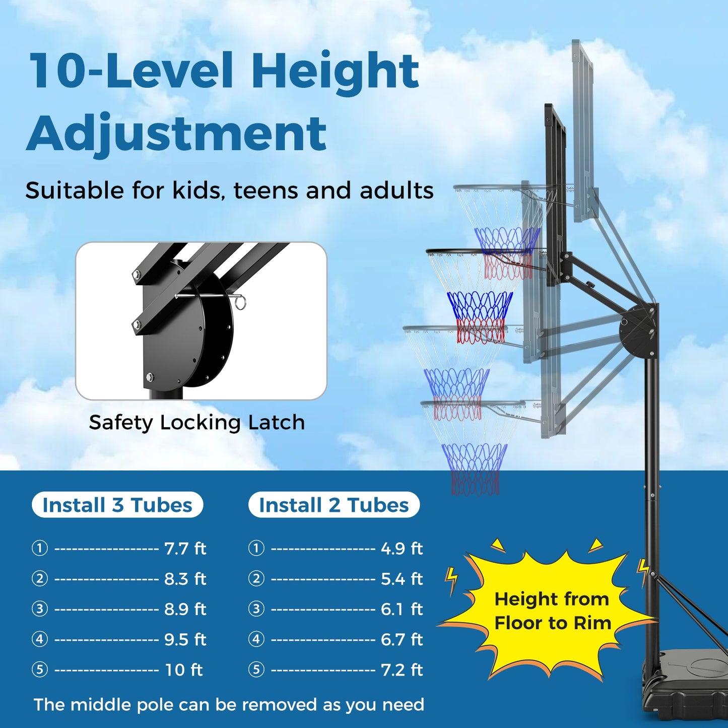 4.9-10 Feet Adjustable Basketball Hoop with Shatterproof Backboard Sport Equipments   at Gallery Canada