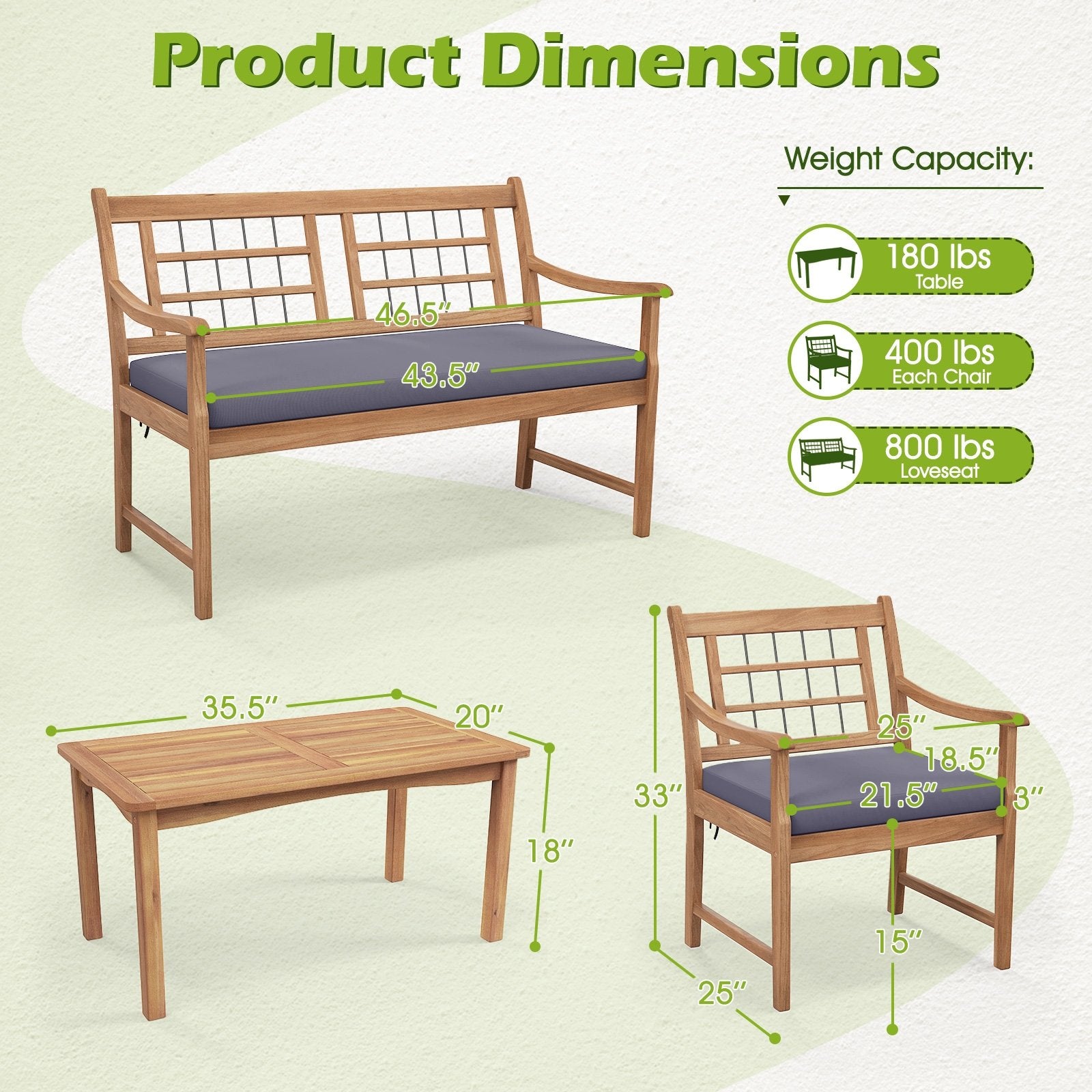 4 Piece Wood Patio Furniture with Armchairs Loveseat and Coffee Table, Gray Patio Conversation Sets   at Gallery Canada