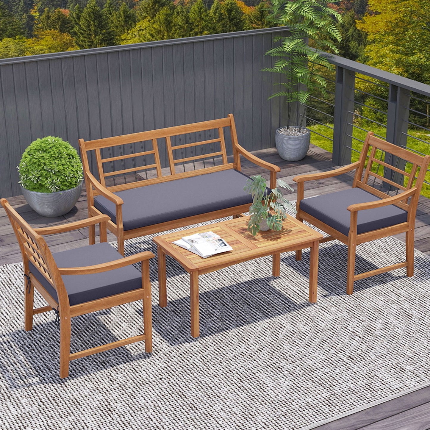 4 Piece Wood Patio Furniture with Armchairs Loveseat and Coffee Table, Gray Patio Conversation Sets   at Gallery Canada