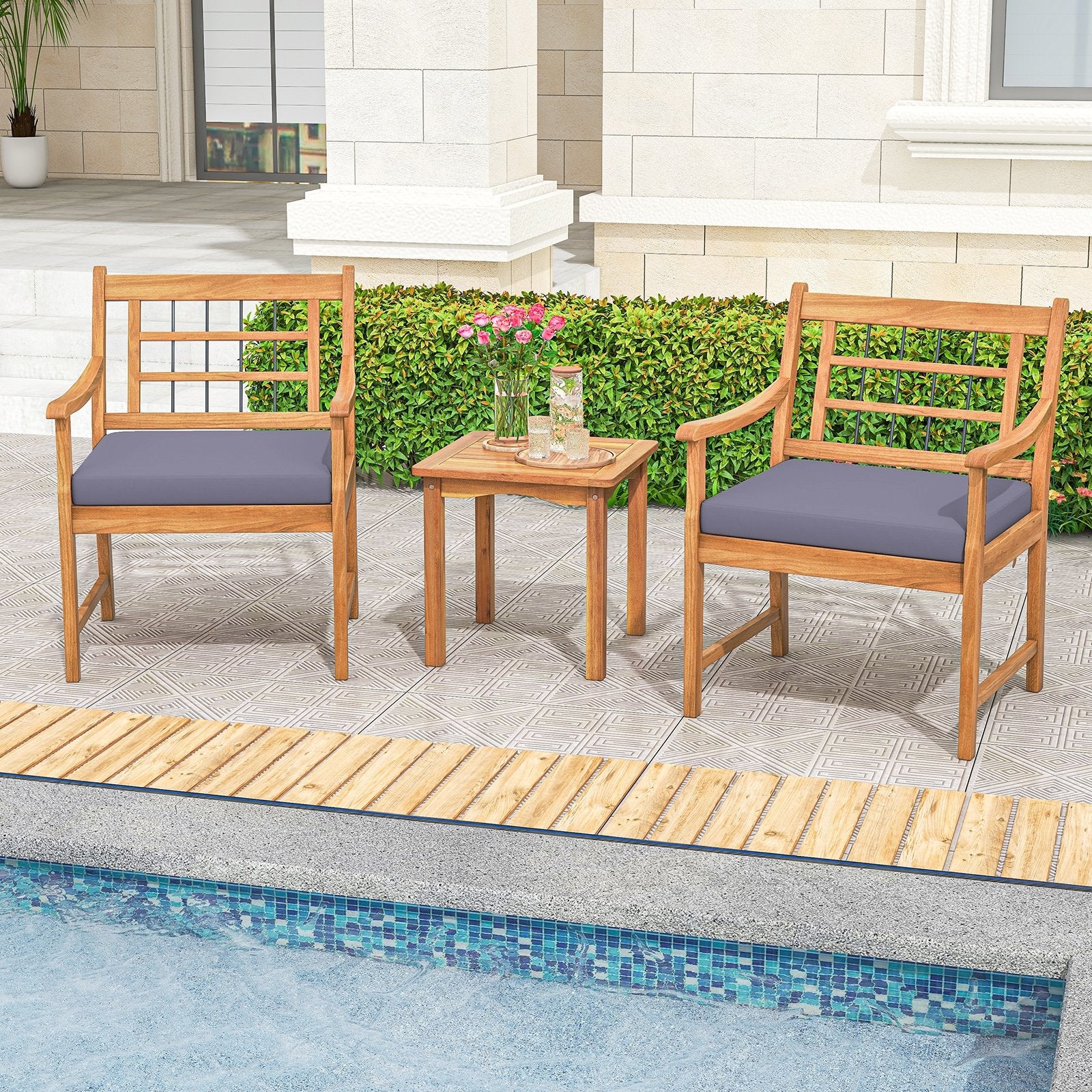 3 Piece Wood Patio Furniture Set with Seat Cushions and Acacia Wood Frame, Gray Patio Conversation Sets   at Gallery Canada