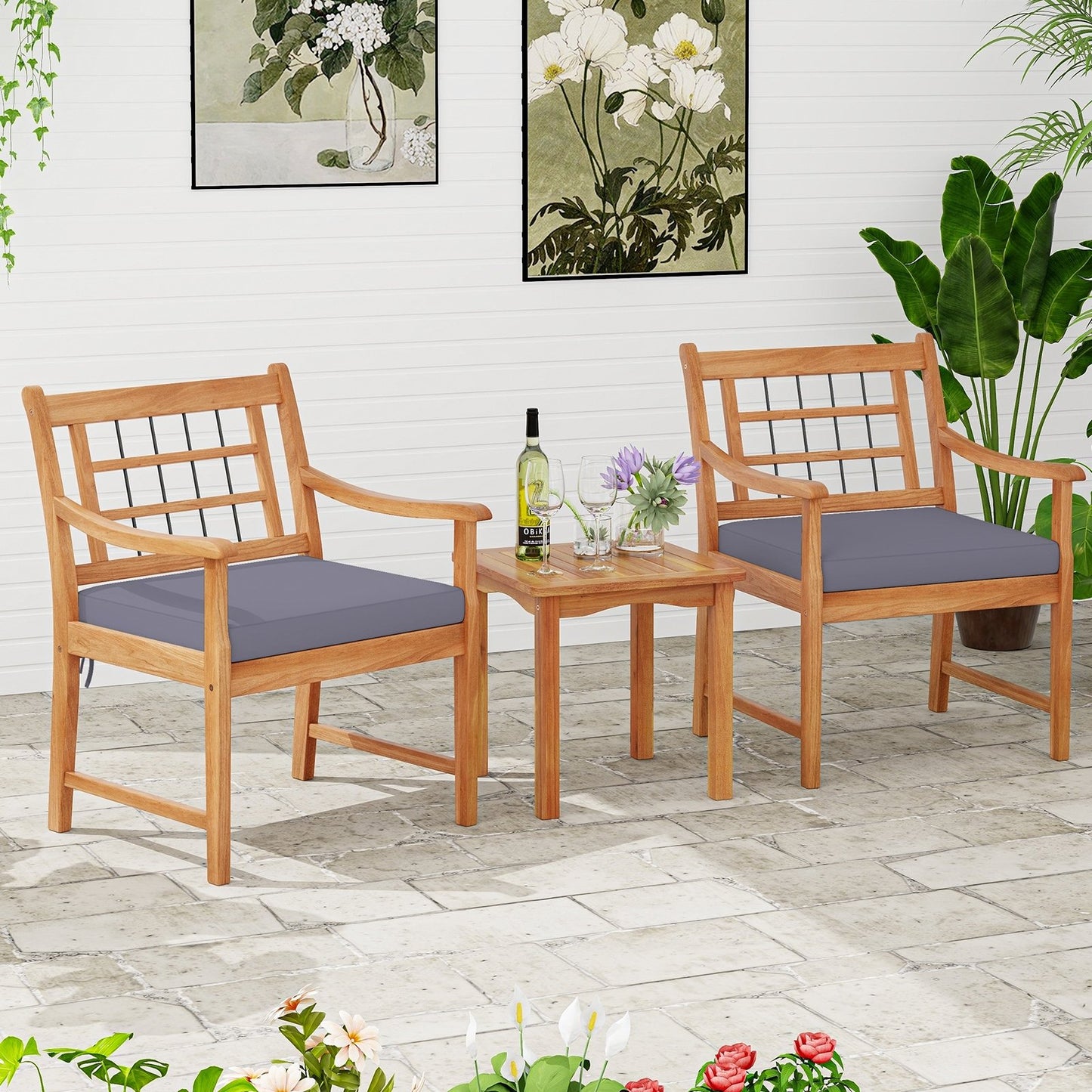 3 Piece Wood Patio Furniture Set with Seat Cushions and Acacia Wood Frame, Gray Patio Conversation Sets   at Gallery Canada