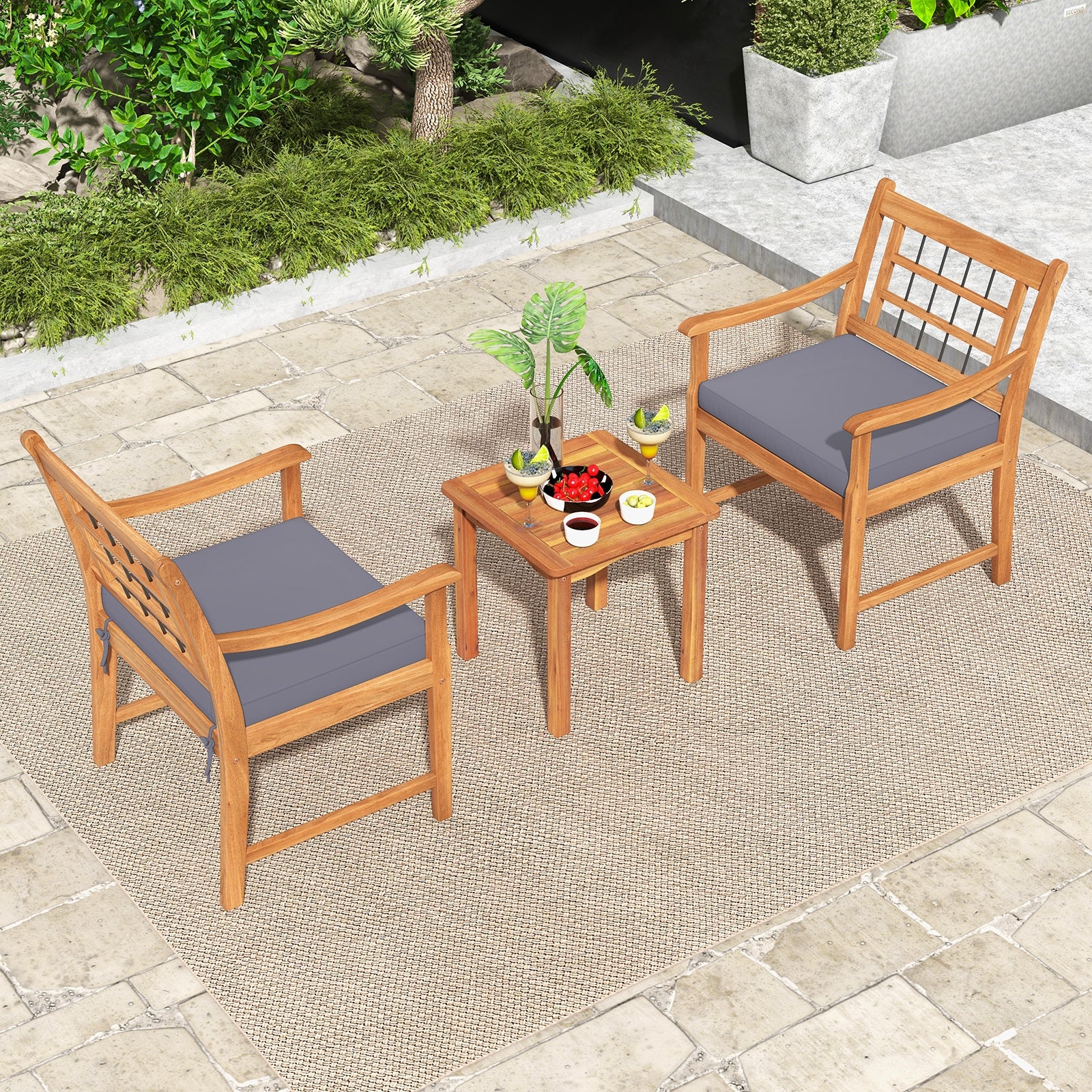 3 Piece Wood Patio Furniture Set with Seat Cushions and Acacia Wood Frame, Gray Patio Conversation Sets   at Gallery Canada