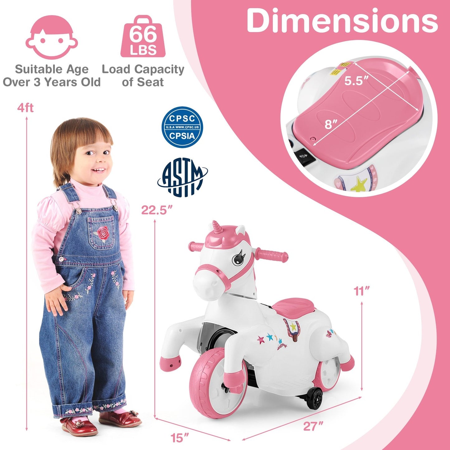 12V Unicorn Ride on Toy with Training Wheels and Horse Riding Mode, Pink Powered Ride On Toys   at Gallery Canada