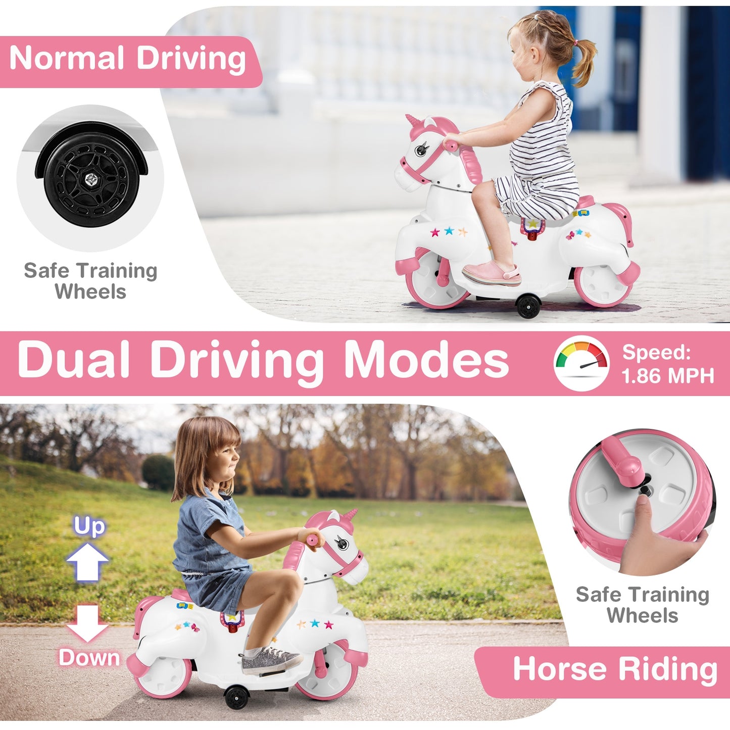 12V Unicorn Ride on Toy with Training Wheels and Horse Riding Mode, Pink Powered Ride On Toys   at Gallery Canada