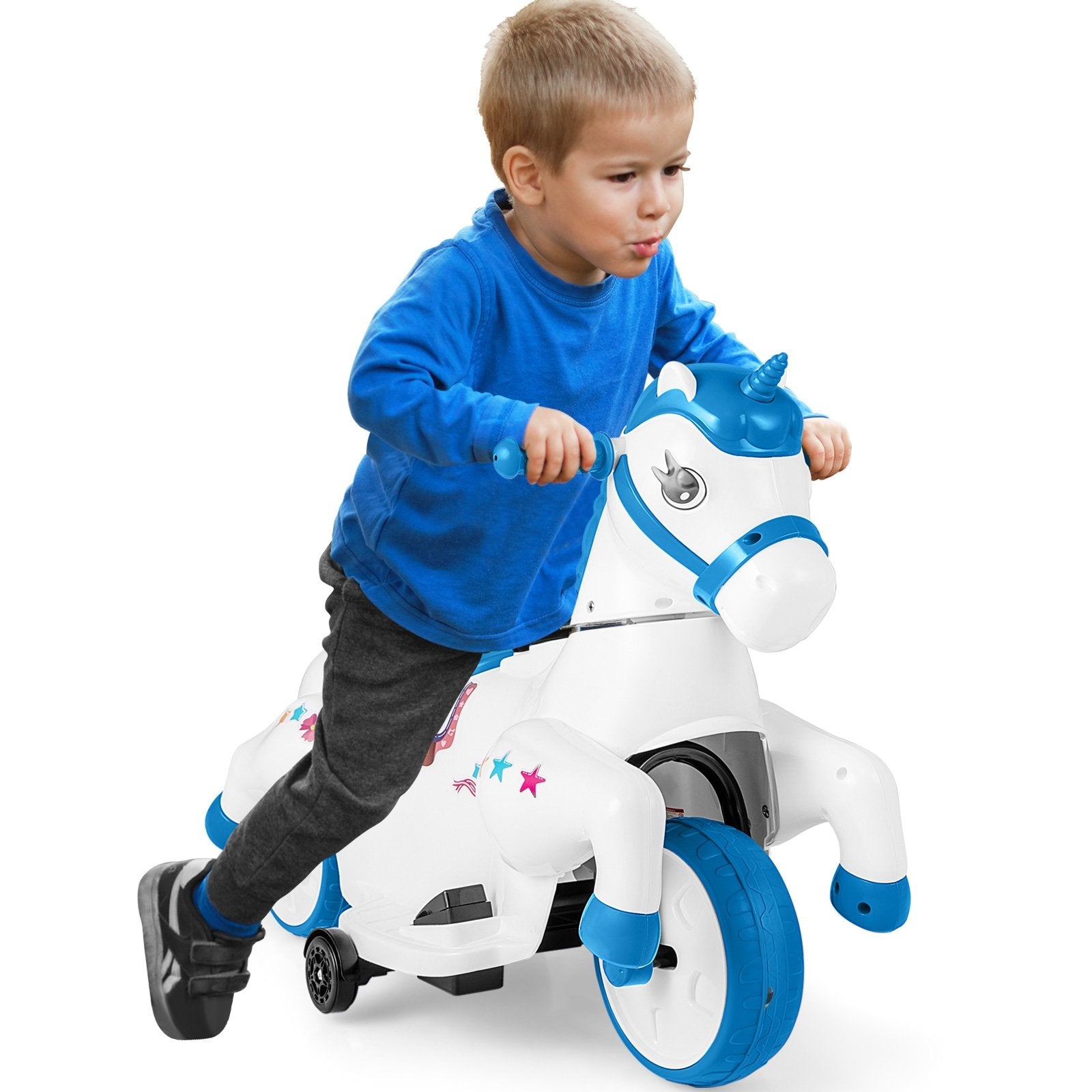 12V Unicorn Ride on Toy with Training Wheels and Horse Riding Mode, Navy Powered Ride On Toys   at Gallery Canada