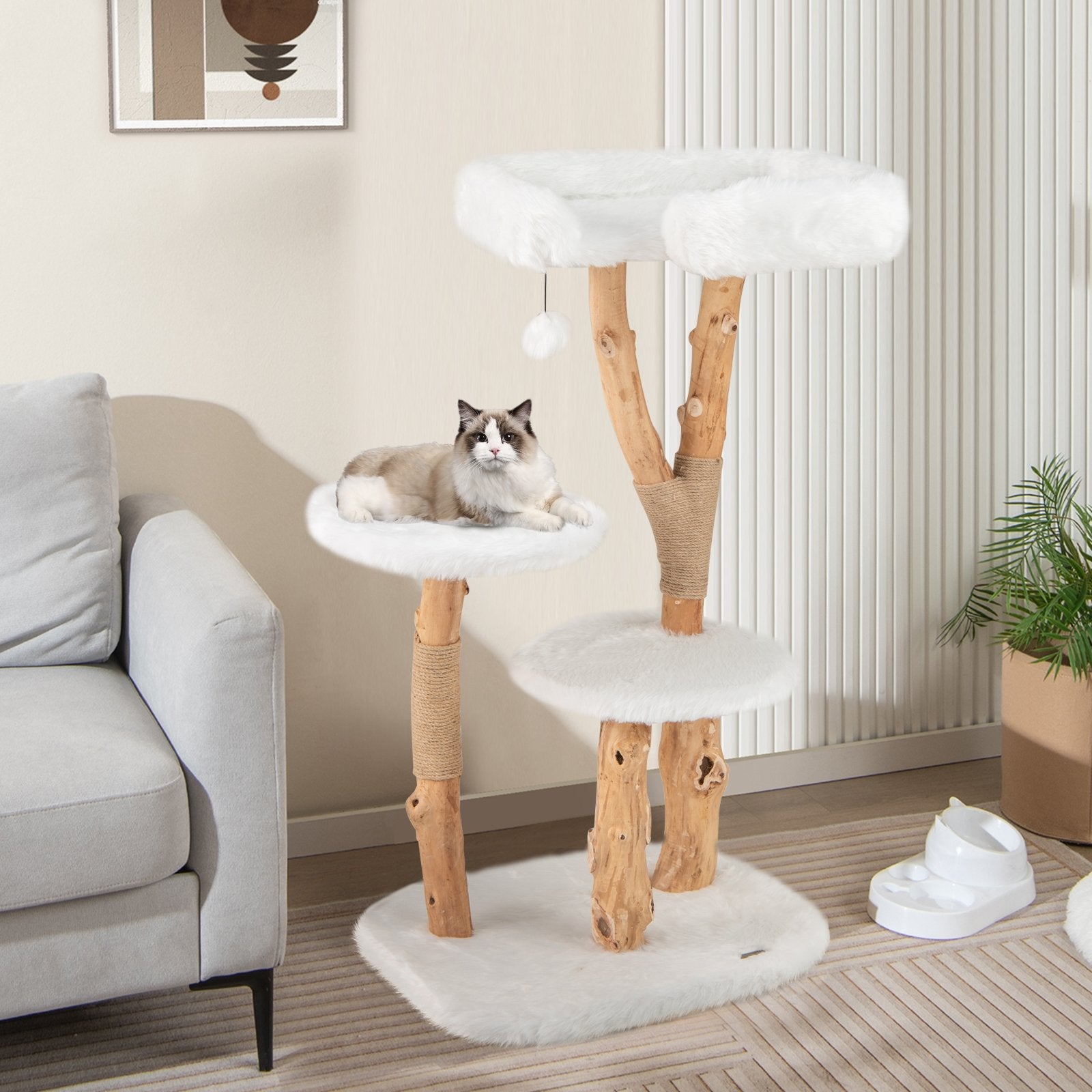 44 Inch Solid Wood Cat Tree with Perch and Natural Jute Scratching Posts, White Cat Trees Condos & Scratchers   at Gallery Canada