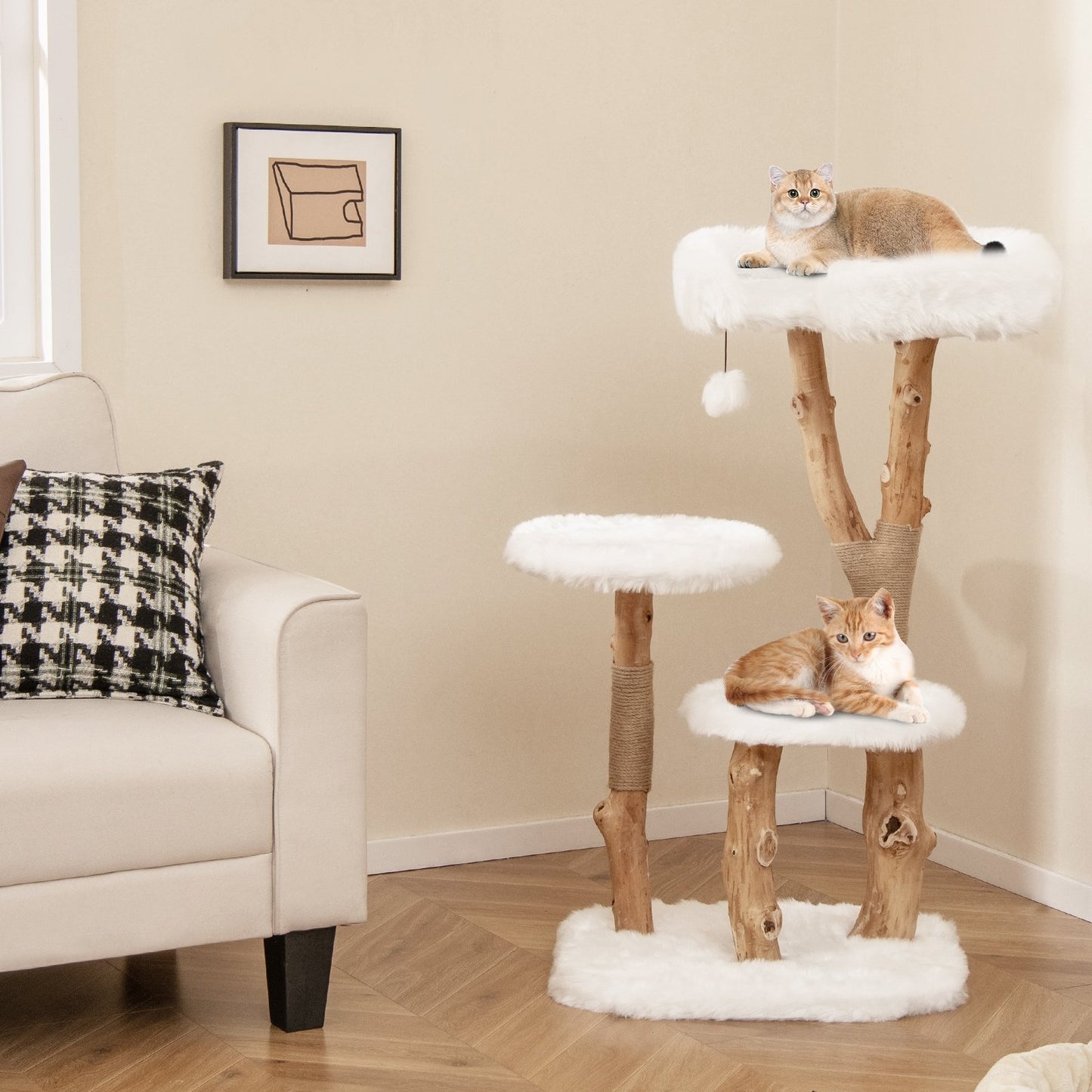 44 Inch Solid Wood Cat Tree with Perch and Natural Jute Scratching Posts, White Cat Trees Condos & Scratchers   at Gallery Canada