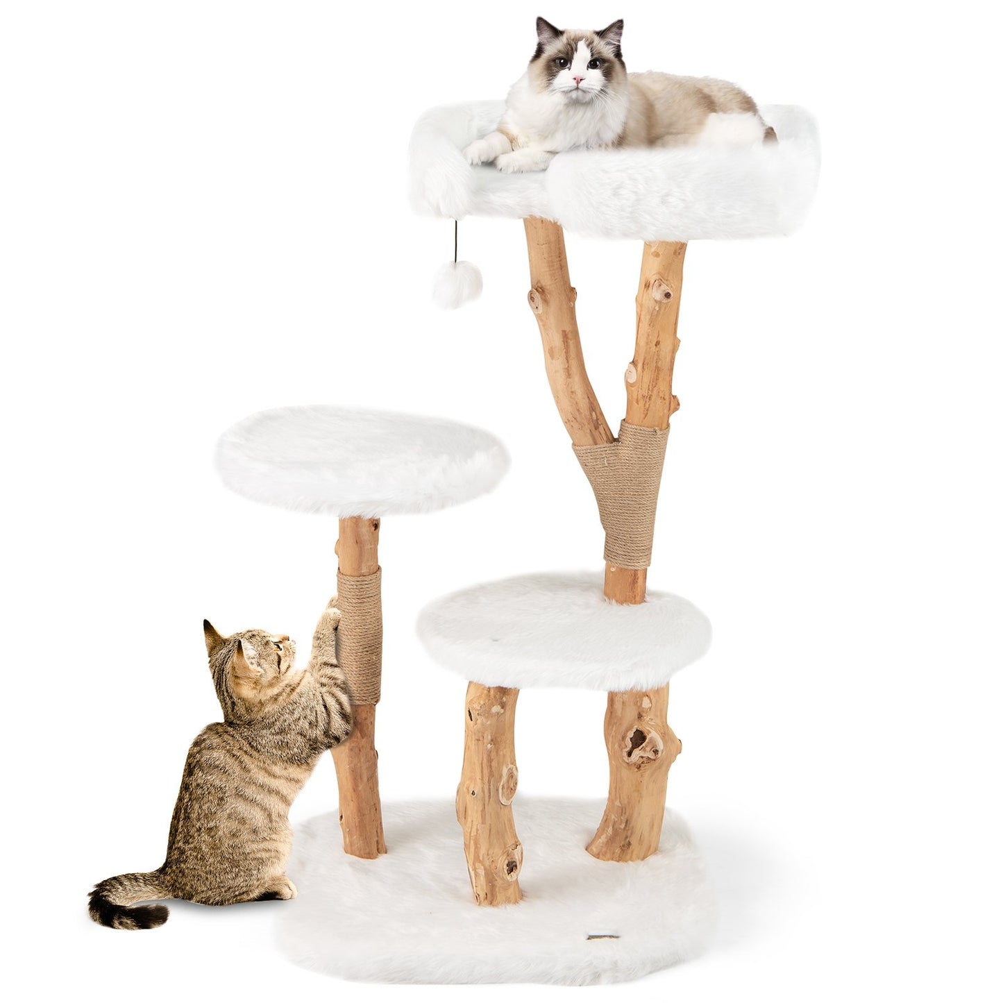 44 Inch Solid Wood Cat Tree with Perch and Natural Jute Scratching Posts, White Cat Trees Condos & Scratchers   at Gallery Canada