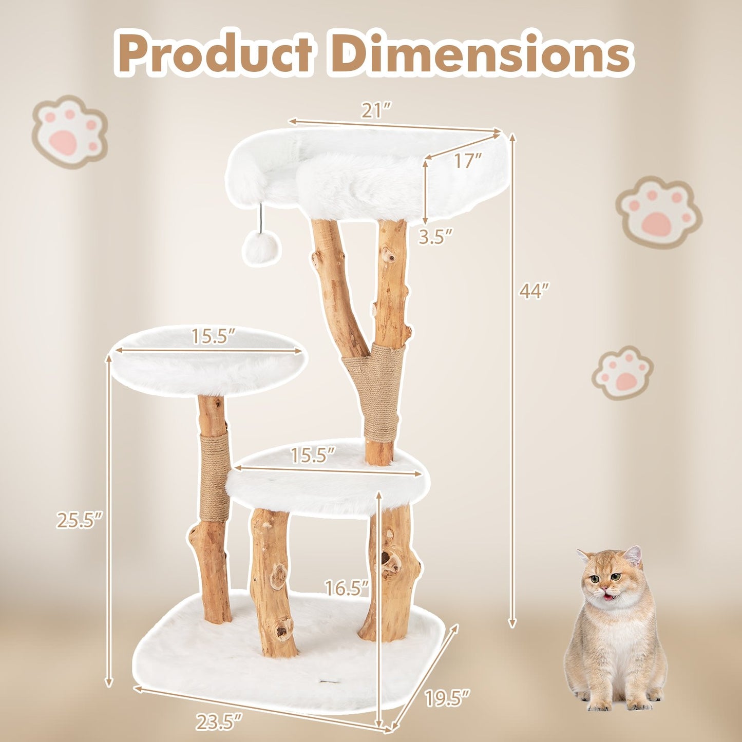 44 Inch Solid Wood Cat Tree with Perch and Natural Jute Scratching Posts, White Cat Trees Condos & Scratchers   at Gallery Canada