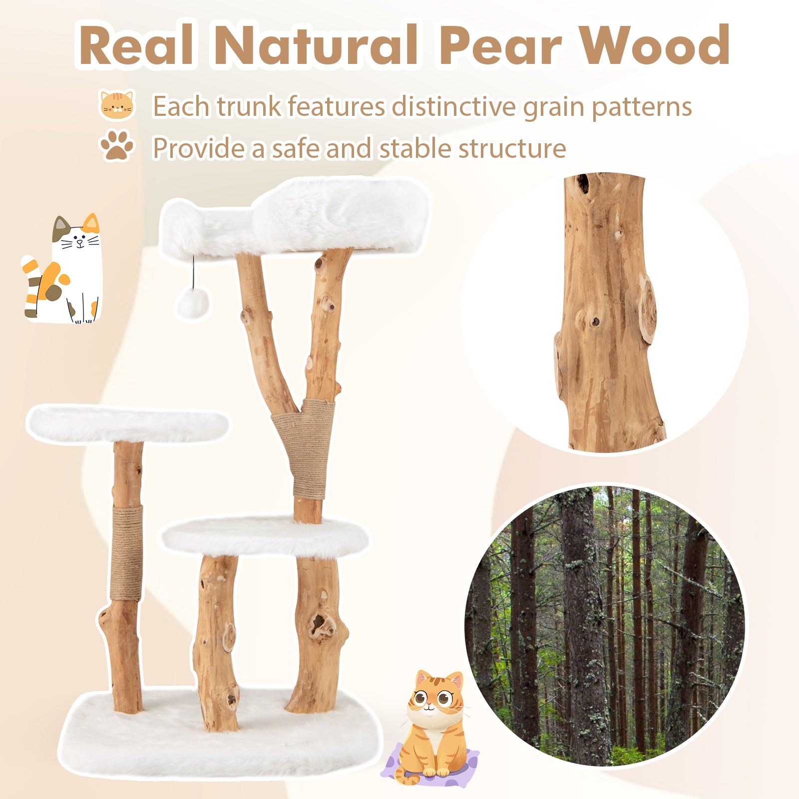 44 Inch Solid Wood Cat Tree with Perch and Natural Jute Scratching Posts, White Cat Trees Condos & Scratchers   at Gallery Canada