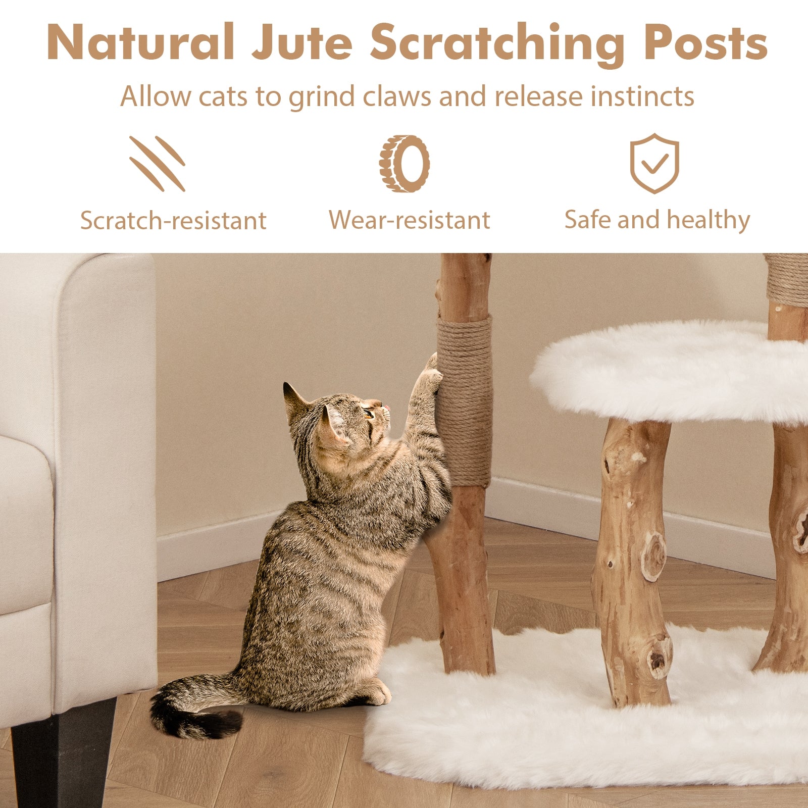 44 Inch Solid Wood Cat Tree with Perch and Natural Jute Scratching Posts, White Cat Trees Condos & Scratchers   at Gallery Canada