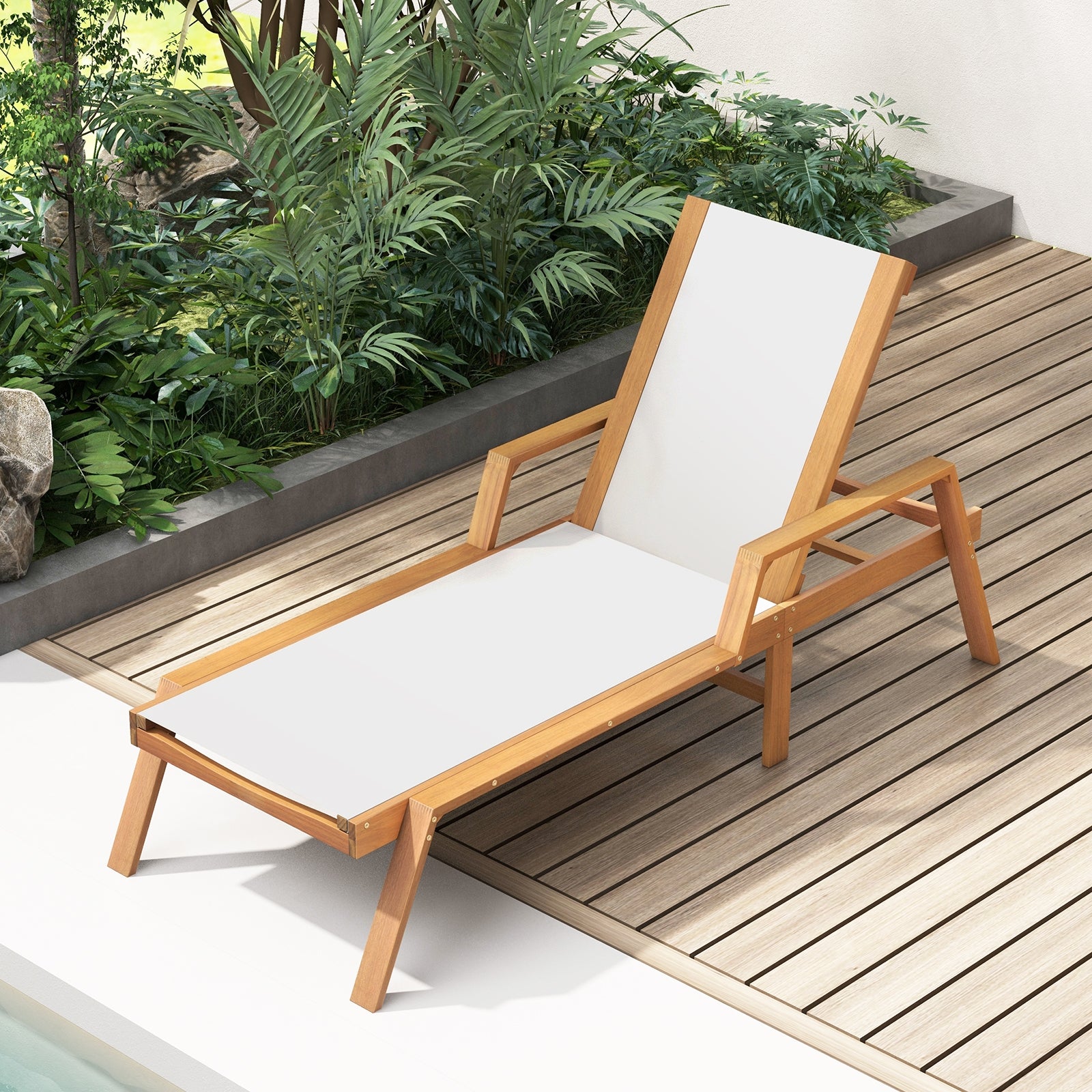 Patio Chaise Lounge Chair with Armrests and Fabric Seat for Backyard, White Outdoor Chaise Lounges   at Gallery Canada