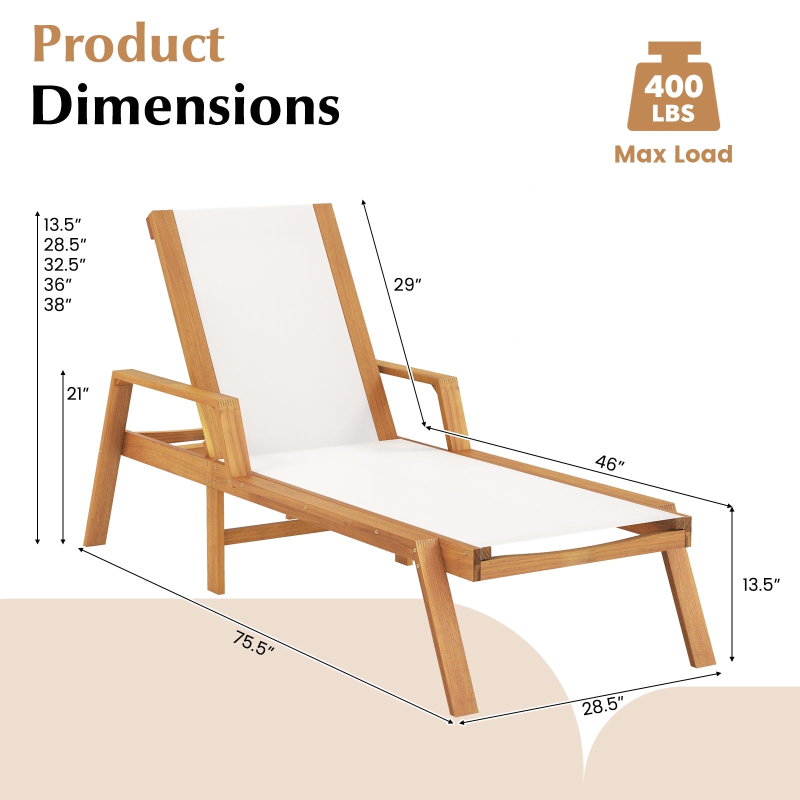 Patio Chaise Lounge Chair with Armrests and Fabric Seat for Backyard, White Outdoor Chaise Lounges   at Gallery Canada