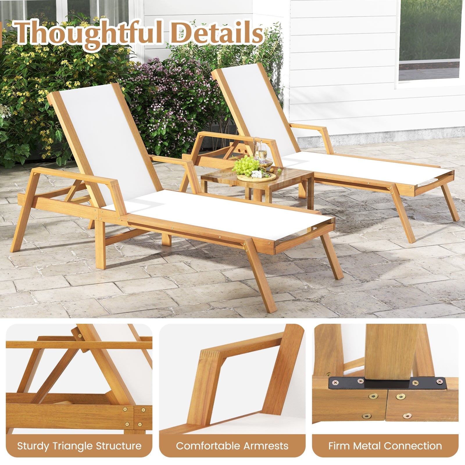 Patio Chaise Lounge Chair with Armrests and Fabric Seat for Backyard, White Outdoor Chaise Lounges   at Gallery Canada