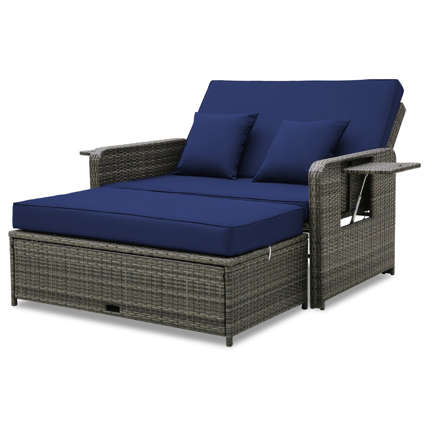 Patio Wicker Loveseat Sofa with Multipurpose Ottoman and Retractable Side Tray, Navy Patio Furniture Sets Navy  at Gallery Canada