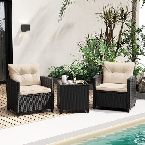 3 Pieces Patio Furniture Set with Tempered Glass Coffee Table, Off White