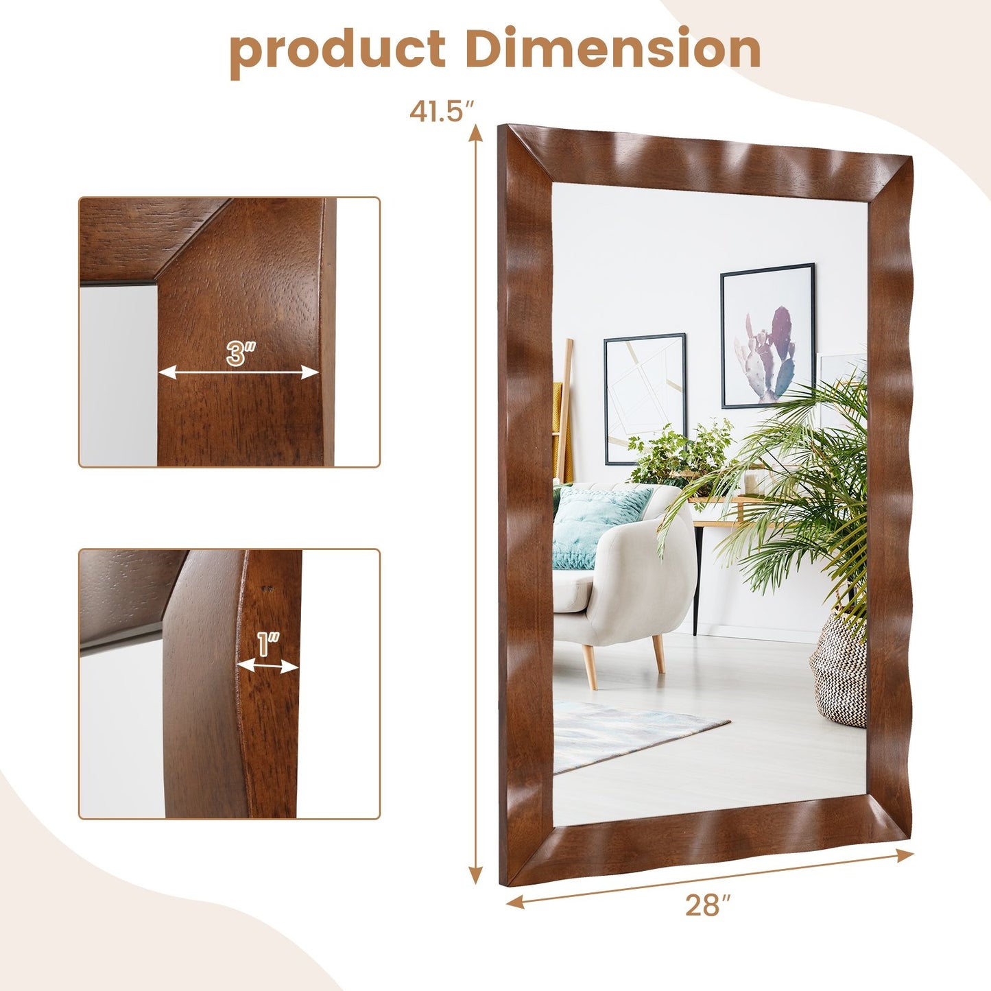 41.5 x 28 inches Farmhouse Wall Mirror with Solid Wood Frame, Brown Wall Mirrors   at Gallery Canada