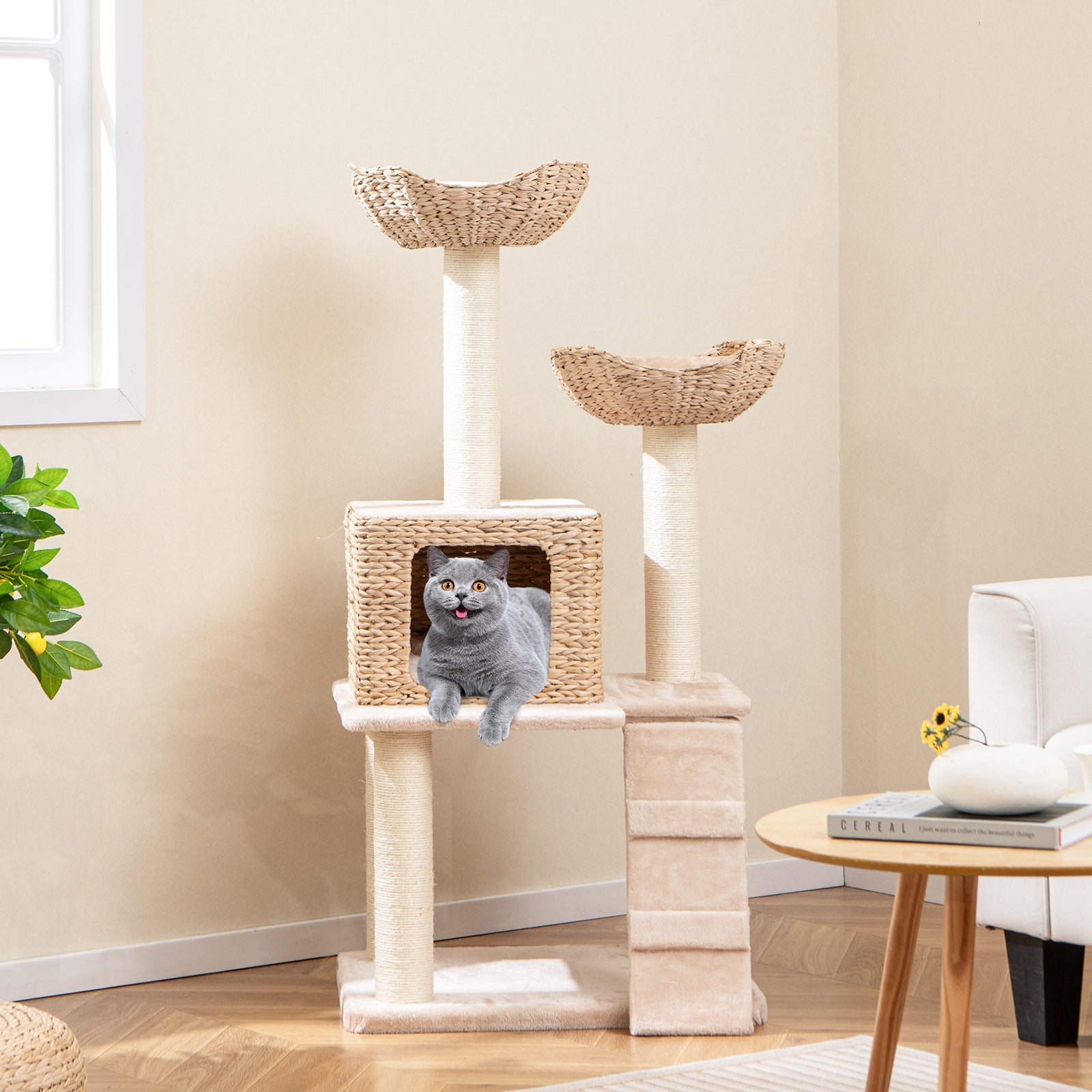 48 Inch Cattail Cat Tower with Sisal Scratching Posts Perch and Condo, Beige Cat Trees Condos & Scratchers   at Gallery Canada