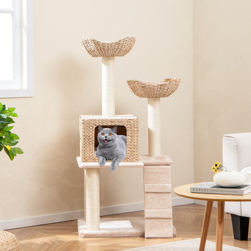 48 Inch Cattail Cat Tower with Sisal Scratching Posts Perch and Condo, Beige