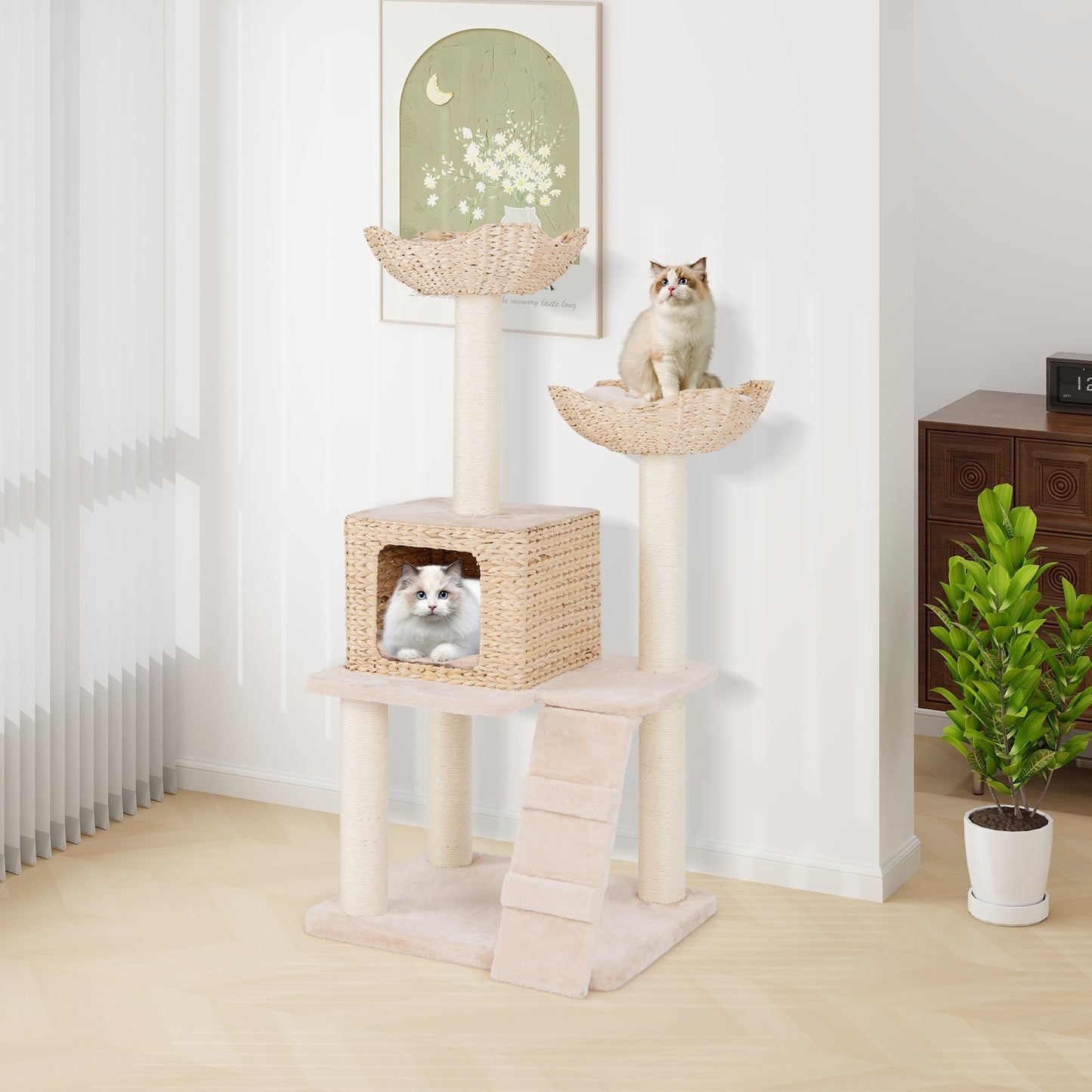 48 Inch Cattail Cat Tower with Sisal Scratching Posts Perch and Condo, Beige Cat Trees Condos & Scratchers   at Gallery Canada