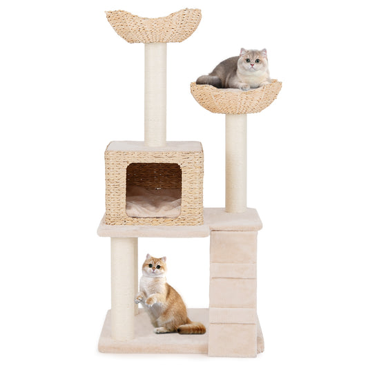 48 Inch Cattail Cat Tower with Sisal Scratching Posts Perch and Condo, Beige Cat Trees Condos & Scratchers Beige  at Gallery Canada