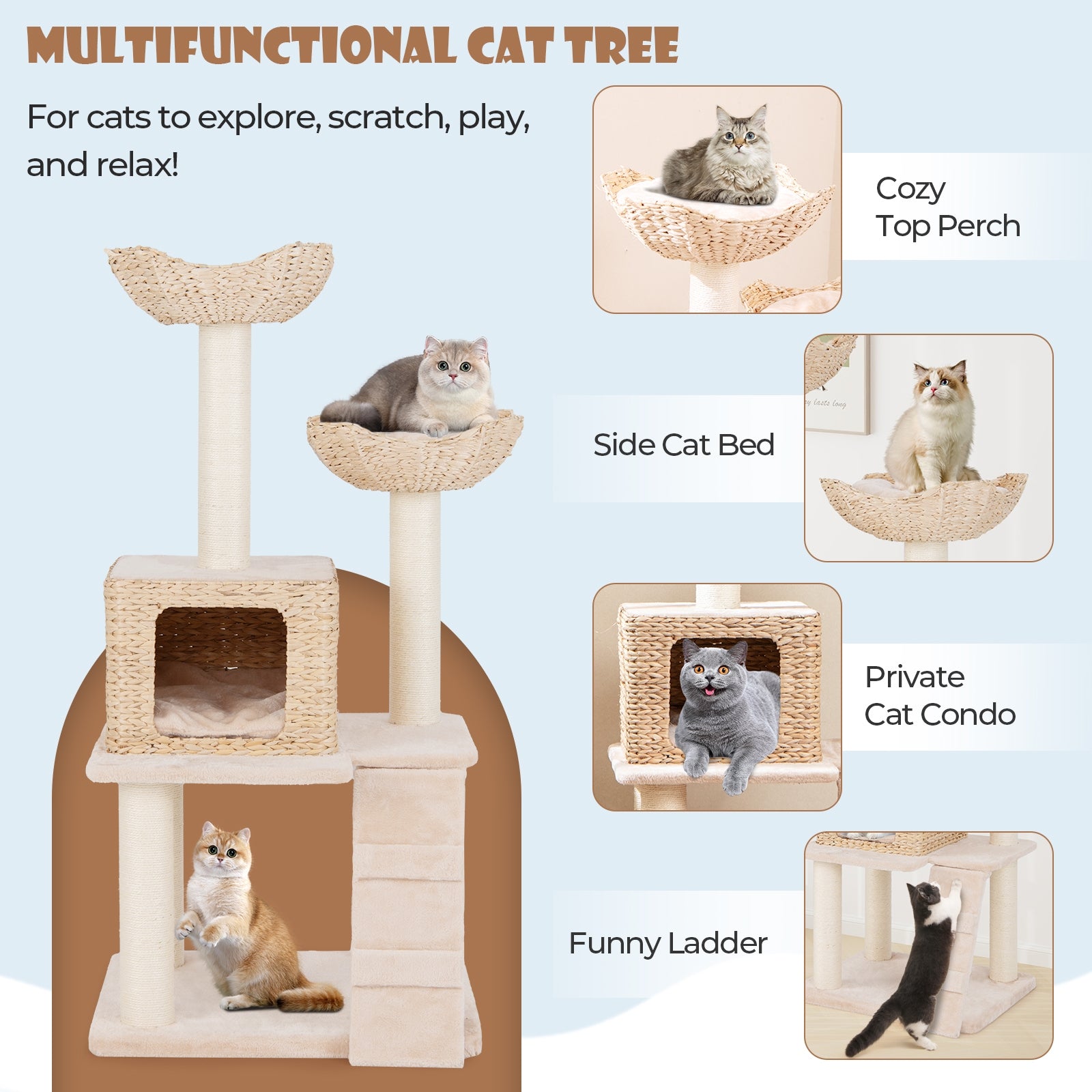 48 Inch Cattail Cat Tower with Sisal Scratching Posts Perch and Condo, Beige Cat Trees Condos & Scratchers   at Gallery Canada