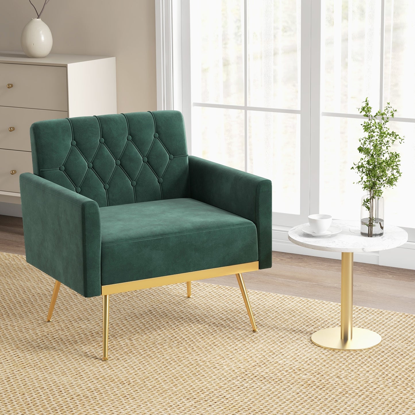 Modern Velvet Accent Chair with Button Tufted Back Golden Metal Legs and Adjustable Foot Pads, Green Accent Chairs   at Gallery Canada