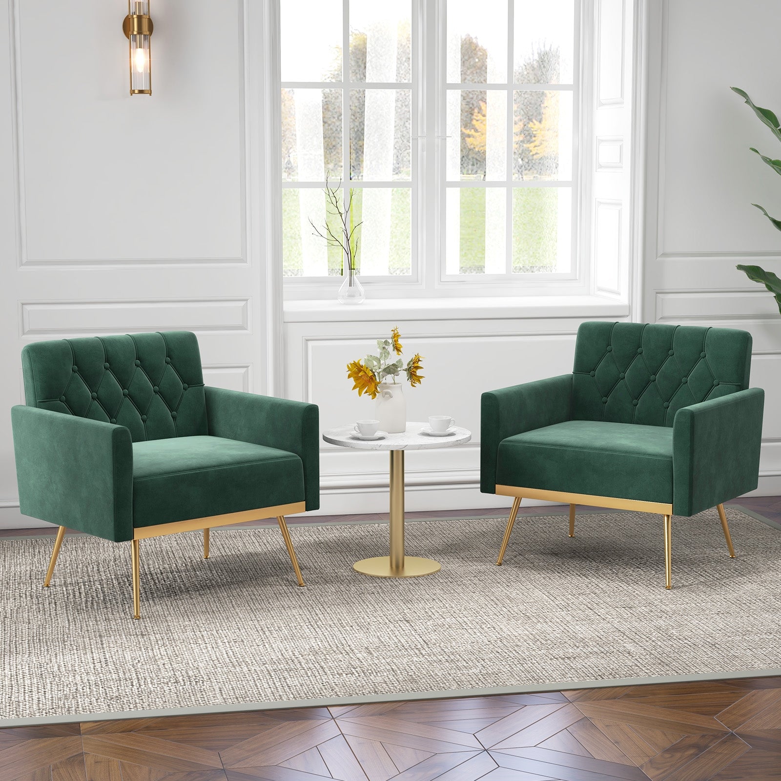 Modern Velvet Accent Chair with Button Tufted Back Golden Metal Legs and Adjustable Foot Pads, Green Accent Chairs   at Gallery Canada