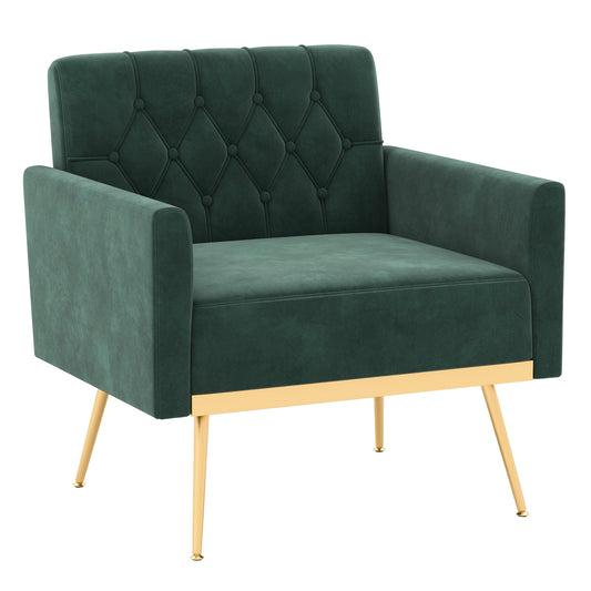 Modern Velvet Accent Chair with Button Tufted Back Golden Metal Legs and Adjustable Foot Pads, Green Accent Chairs Green  at Gallery Canada