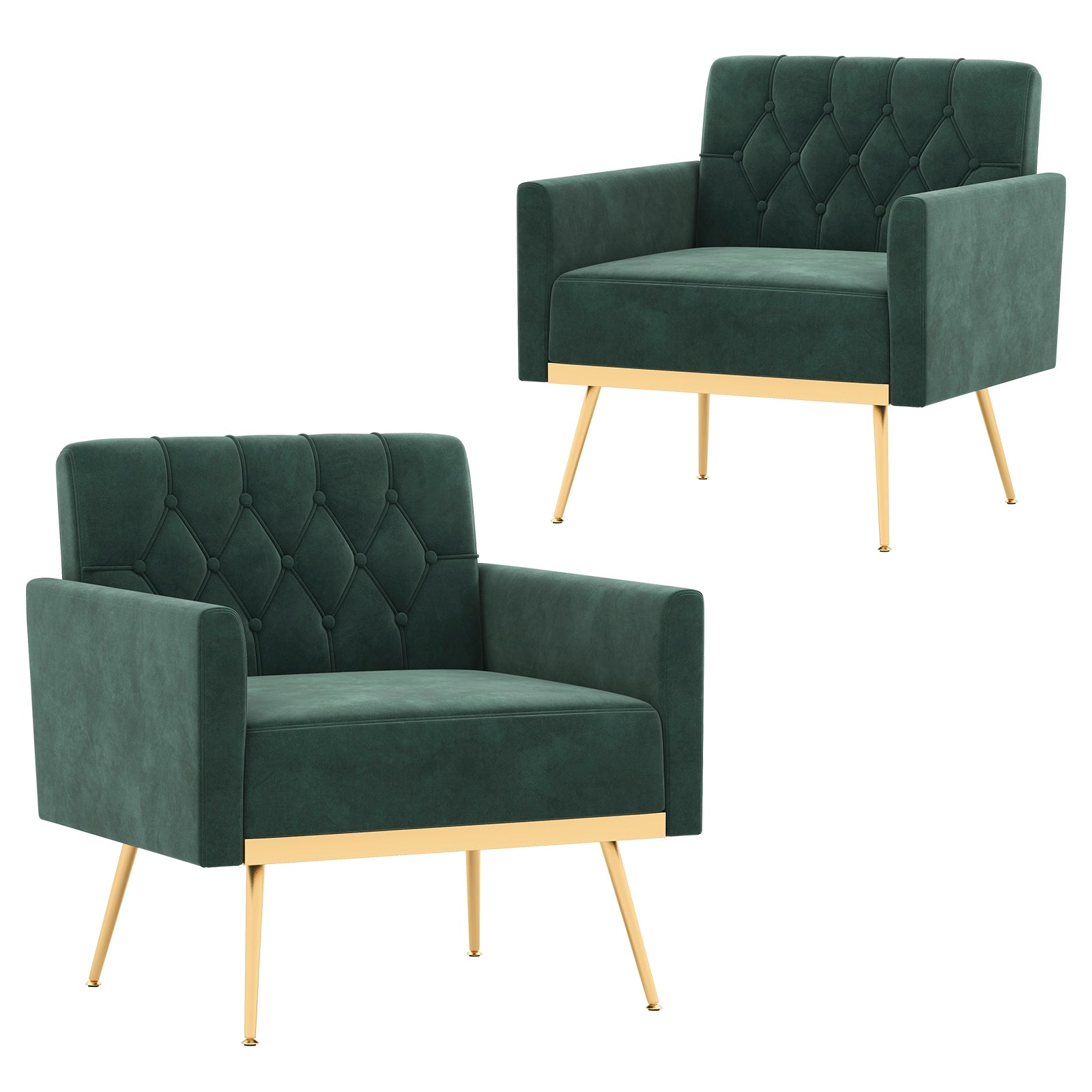 Modern Velvet Accent Chair with Button Tufted Back Golden Metal Legs and Adjustable Foot Pads, Green Accent Chairs   at Gallery Canada