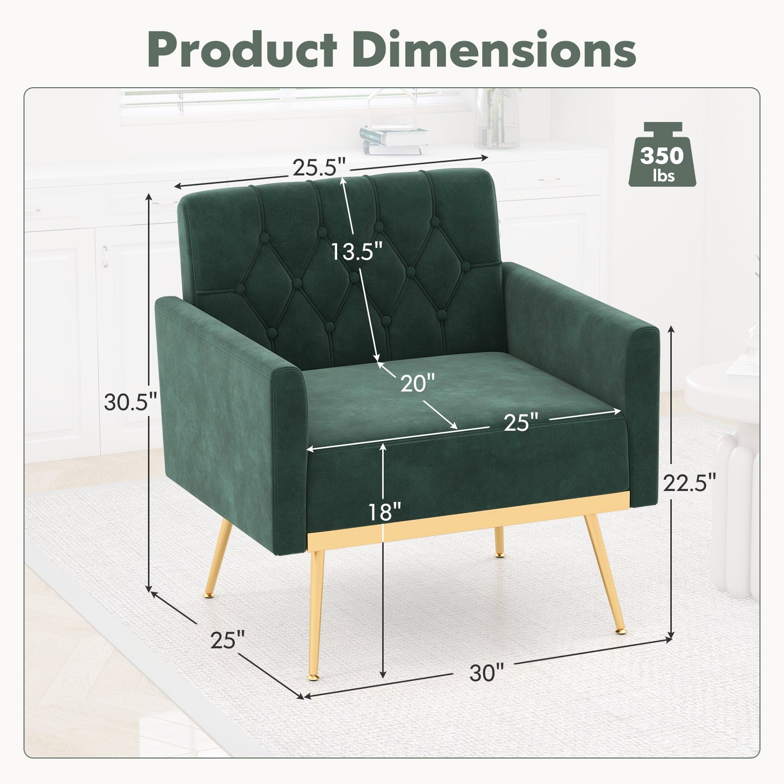 Modern Velvet Accent Chair with Button Tufted Back Golden Metal Legs and Adjustable Foot Pads, Green Accent Chairs   at Gallery Canada