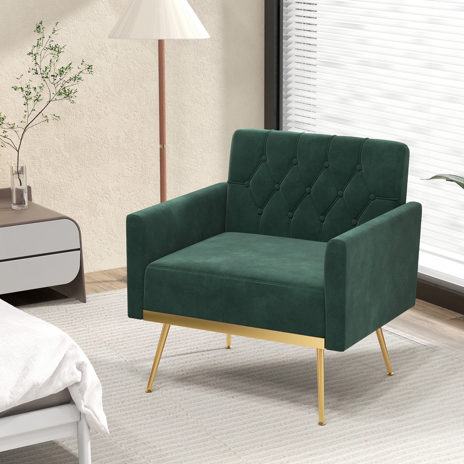 Modern Velvet Accent Chair with Button Tufted Back Golden Metal Legs and Adjustable Foot Pads, Green Accent Chairs   at Gallery Canada