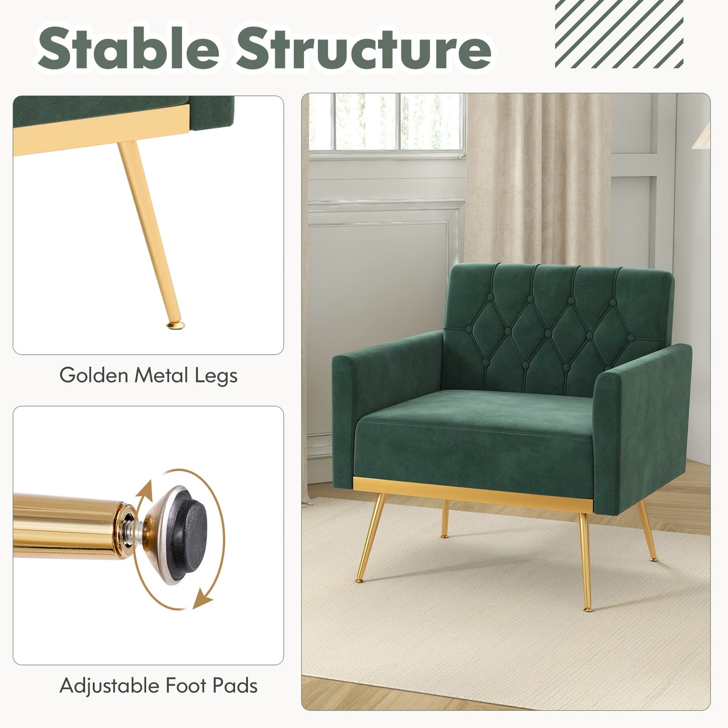 Modern Velvet Accent Chair with Button Tufted Back Golden Metal Legs and Adjustable Foot Pads, Green Accent Chairs   at Gallery Canada