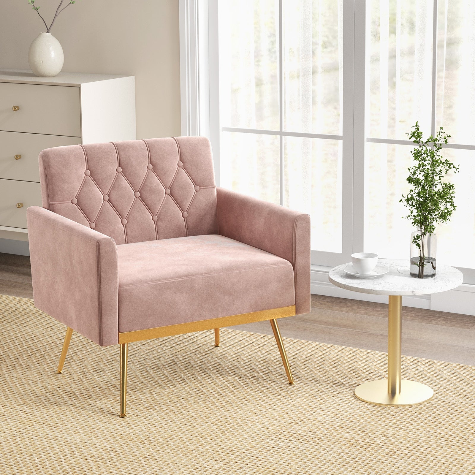 Modern Velvet Accent Chair with Button Tufted Back Golden Metal Legs and Adjustable Foot Pads, Pink Accent Chairs   at Gallery Canada