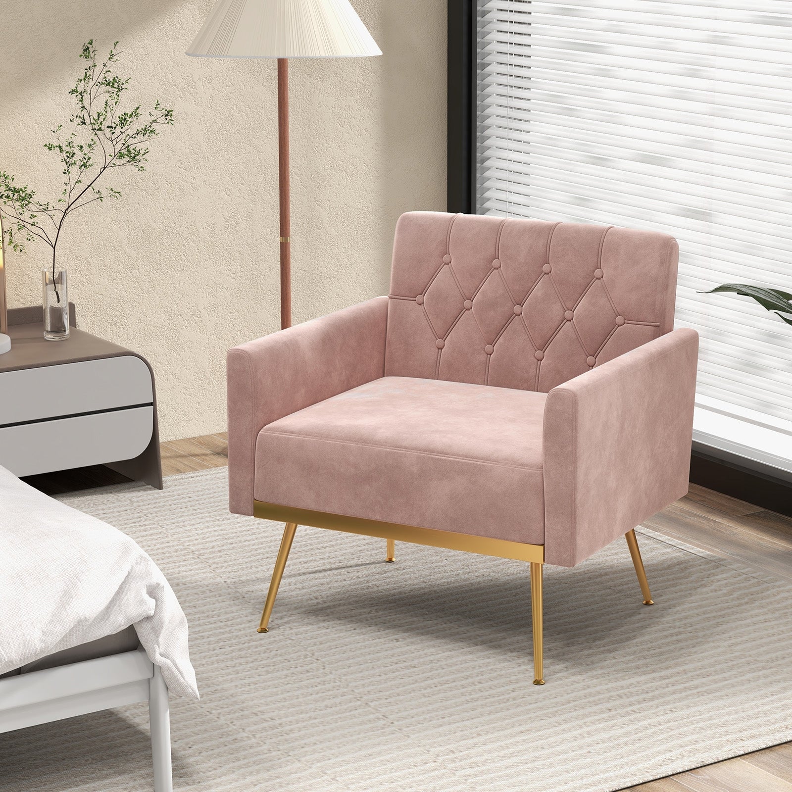 Modern Velvet Accent Chair with Button Tufted Back Golden Metal Legs and Adjustable Foot Pads, Pink Accent Chairs   at Gallery Canada