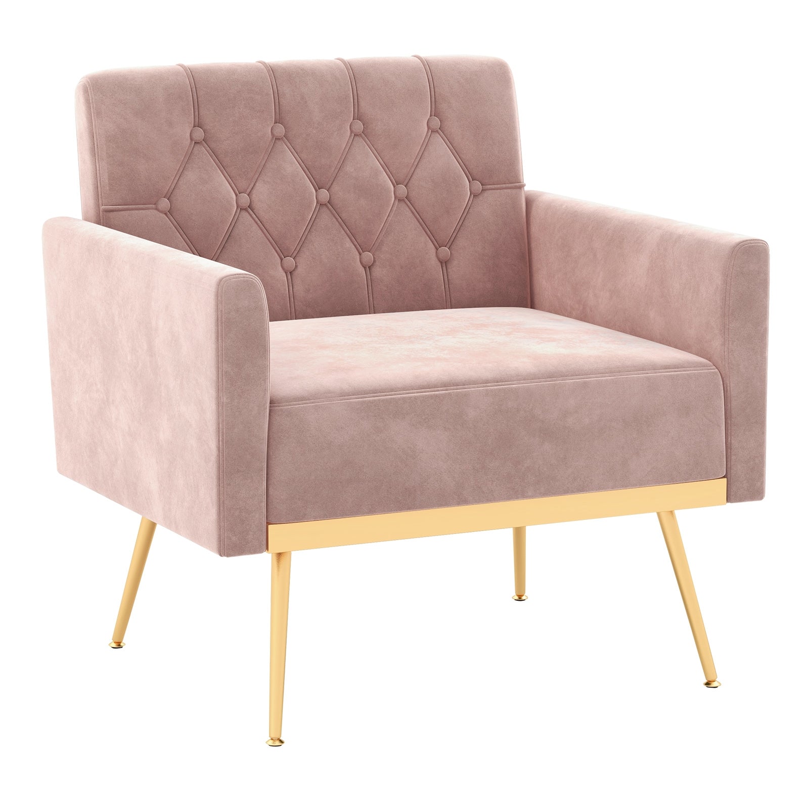 Modern Velvet Accent Chair with Button Tufted Back Golden Metal Legs and Adjustable Foot Pads, Pink Accent Chairs Pink  at Gallery Canada