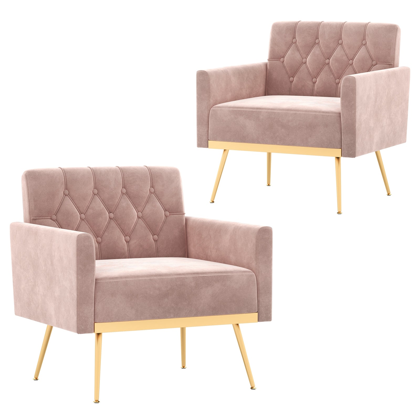 Modern Velvet Accent Chair with Button Tufted Back Golden Metal Legs and Adjustable Foot Pads, Pink Accent Chairs   at Gallery Canada