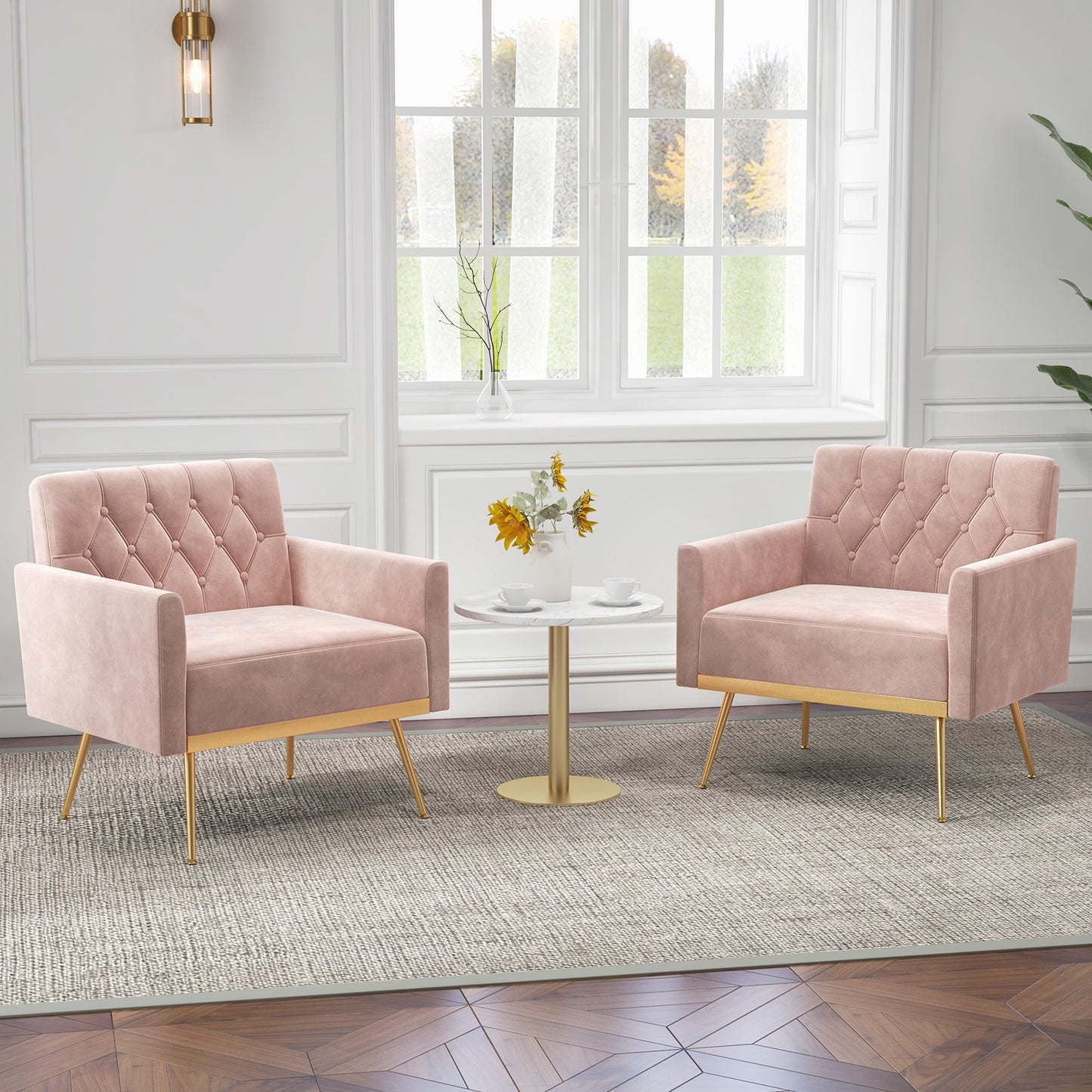 Modern Velvet Accent Chair with Button Tufted Back Golden Metal Legs and Adjustable Foot Pads, Pink Accent Chairs   at Gallery Canada